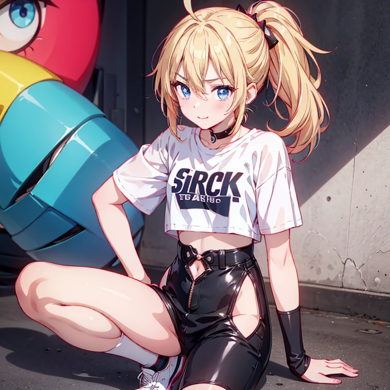 Original Character, Volumetric Lighting, Best Shadows, Shallow Depth of Field, Portrait Of Stunningly Beautiful Girl, Petite, Delicate Beautiful Attractive Face With Alluring Yellow Eyes, Messy Painted Face, Sharp Eyebrows, Broadly Smiling, Open Mouth, Fangs Out, Lovely Medium Breasts, Layered Long Twintail Blond Hair, Blush Eyeshadow, Thick Eyelashes, headphones, Oversized Pop Jacket, Mini Underboob Tee, Open Navel, Slim Waist, Denim Jeans Pants, With Buckle Belt, In The Graffiti Alley, Waste Container, Outside Stairs, Outdoor Unit, Holding Spray Paint Can, Standing, (Highest Quality, Amazing Details:1.25), (duo:1.3), Brilliant Colorful Paintings, big boobs, big breasts, curvy, milf