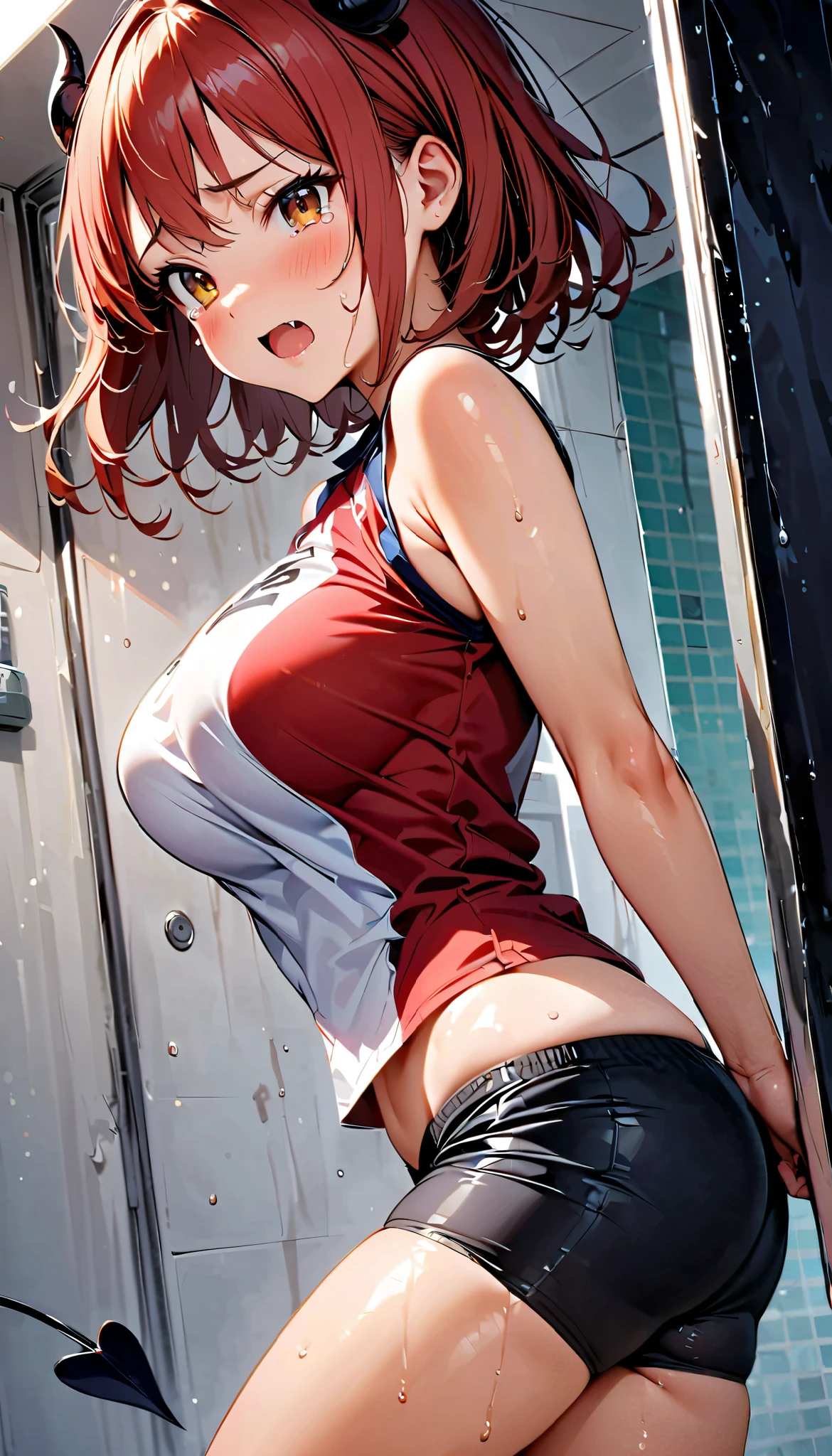 (Slender, 12yo, , cameltoe,(tented, compression, sleeveless white volleyball uniform)), (midriff, ふともも, くびれ), (mini bike shorts), (1girl, Reica Shimohira, GANTZ), wavy hair, yellow eyes, short hair, red hair, fang, beautiful detailed eyes, (cute eyes), black thigh highs, demon horns, demon girl, demon wings, demon tail, demon wings, arms behind back, (Carving Waistline), Shower room, (cowboy shot, from left side), Best Quality, Super detailed, masterpiece, Ultra-high resolution, 8k, Embarrassing, blush, Nice, (With tears in my eyes), open mouth, sweat, (from side)