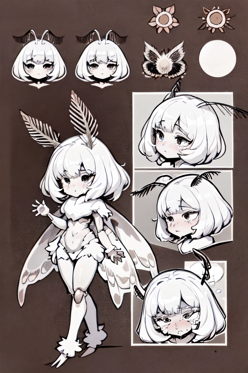  MOTHGIRLCPT  ,   molten moth antennas , Moth wings, joints, Alone , 1 girl, crying, in a hurry,  round,  Antennas for moths Banksia   \(flower\),  con fondo floweral ,  , ( Full body), (reference sheet), model sheet
