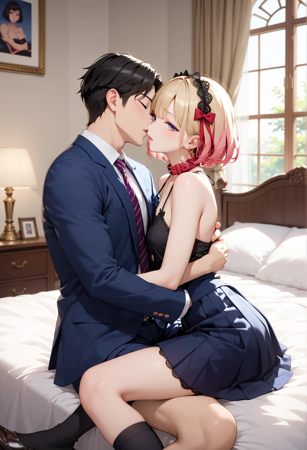 Highest quality、4K quality、Man lying on sofa、A woman in a suit straddles a man、Man hugging woman、Man lays hands on woman'between legs、thin、Small face、18-year-old、