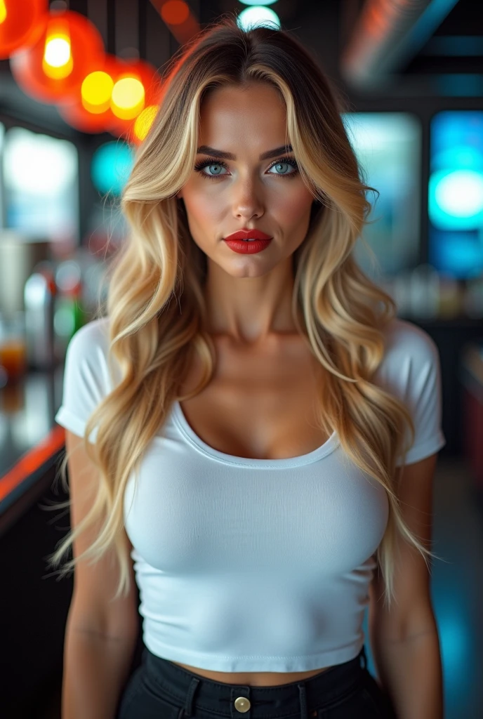 ultra realistic, photography, with long blonde hair, (wavy elegant hair, blue eyes, perfect round lips, 30 years old, gorgeous face, voluptuous figure, perfect fit body, big enhanced breasts), red lips, Long eye lashes, Award Winning Glamour Photograph extremely detailed award winning glamour photograph, front lit, HDR, she is a female barkeeper mixing a drink at a futuristic bar, she wears a tight white roundneck t-shirt