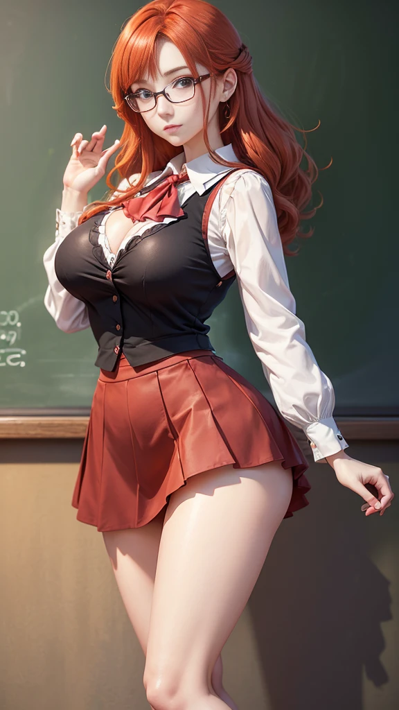 16k, Hyperrealistic, masterpiece, high detail, best quality, beautiful woman, gray school girl outfit with red tie, anime style, long brown hair styled with a high bun and low ponytail ((on each side of the head)), sheer ((red tights)), full body, forward facing, short gray skirt, large boobs, college girl, sitting on teachers desk in front of chalkboard, legs spread apart from each other, loose tie, unbuttoned shirt, heels, sexy, flirtatious,  facing camera, lifting up skirt revealing blank panties, (((belly button piercing)))