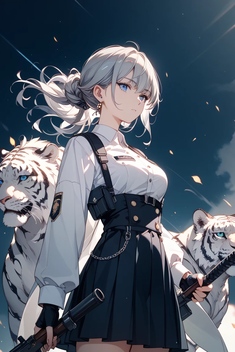 NSFW, 1girl, Official anime art illustration, Tiger eartreme closeup, whaite hair, skin exposed, , (glow blue eyes), space suit, (Girl standing in the street), Perfect, incredibily detailed, 8k, UHD, tmasterpiece, best qualtiy, ultra - detailed, 复杂,