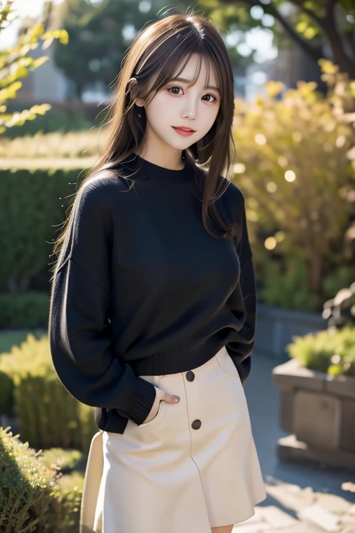 ulzzang-6500-v1.1,(Masterpiece, BestQuality:1.3),table top, highest quality, super detailed, finely, High resolution, 8k wallpaper, perfect dynamic composition, Detailed clear look, trendy fashion, Winter clothes,ponytail, larger breasts,natural color lip, sexy pose,smile,Harajuku、20 year old girl、cute、looking at camera, beautiful japanese girl, long skirt