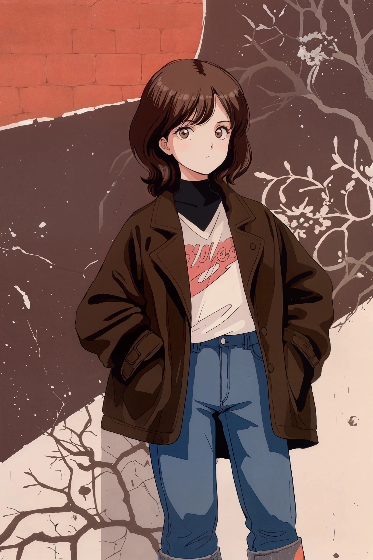 1980s, 1 girl, whole body, Brown hair short, black coat, denim pants, standing, wallpaper
