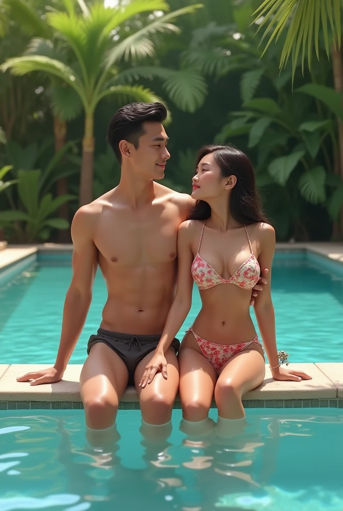 ((best quality)), ((Masterpiece)), (details), perfect face, A 30-year-old Asian man and woman were hugged from behind, in the swimming pool, naked, Selfie, smile,sexy 