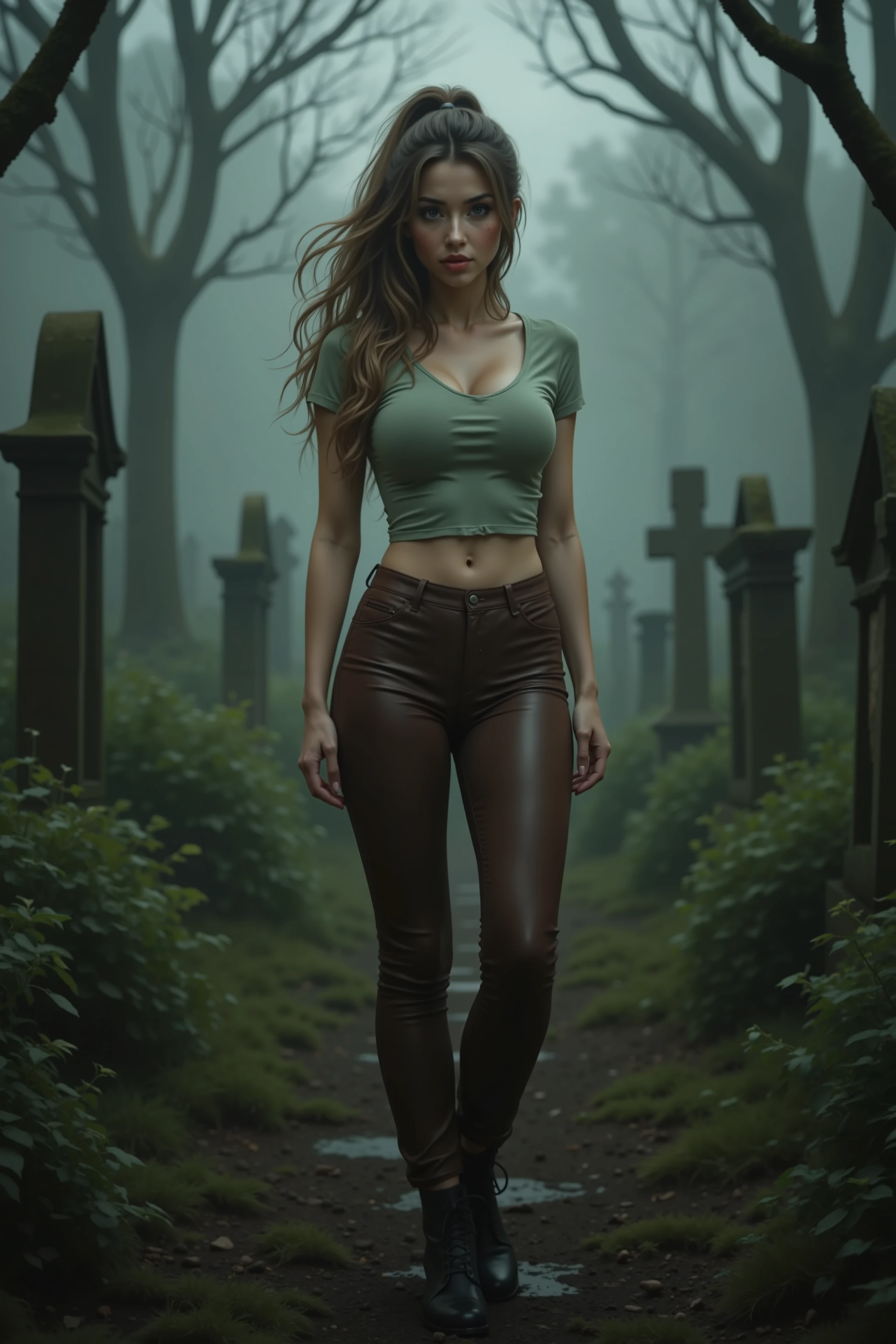 (realistic, photorealistic, photorealistic:1.37 ), horror, dark and gloomy atmosphere with dramatic lighting, Foggy environment, Mossy trees, detailed facial expressions, long wavy hair, Horrible fog, full body sensual sende innocent 18 old years girl, long brown ponytail, brown eyes, high arched eyebrows, long graceful neck, red lips, large breasts, short tight brown leather pants, pale green sleeveless torn T-shirt, leather boots, in an ancient cemetery overgrown with abandoned plants, standing with his back among the graves,