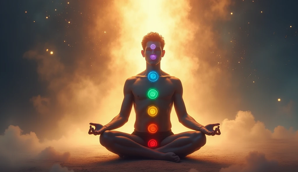 Crystal singing bowls in the colour of the chakras,around a man, with chakras going down body