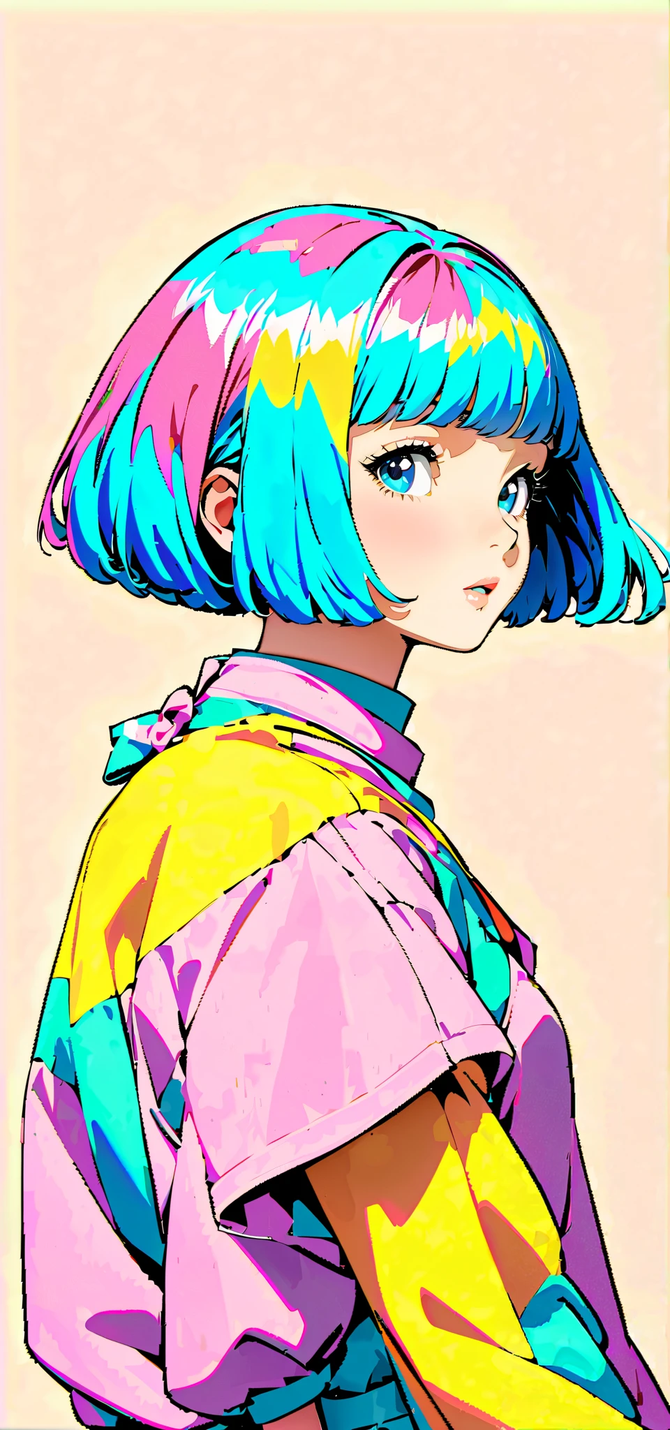 (Highest quality:1.2, City Pop Style, Very detailed, up to date, Vibrant, High Contrast, masterpiece:1.2, Highest quality, Best aesthetics), girl, ((Face Up Shot:1.4)), Colorful Hair, Bobcut, pastel colour, 1980s style, ((Retro, Vintage, Plain background))
