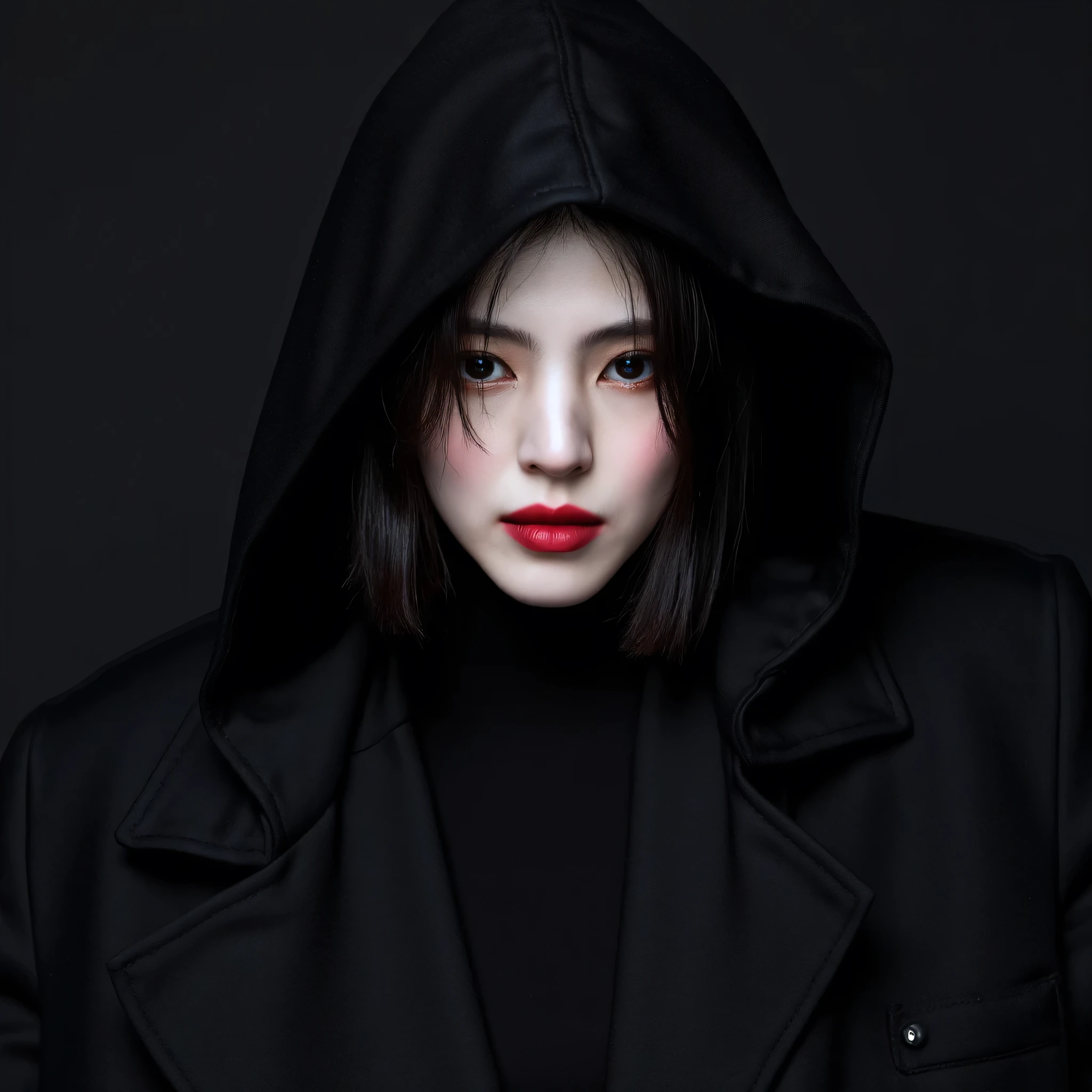 18 year a beautiful korean woman, han sohee, with short untidy black hair up to her shoulders, dressed in black, black hood, cold look, red pupils, glossy lips, red eyes, large breasts, High resolution, very detailed, Plano general