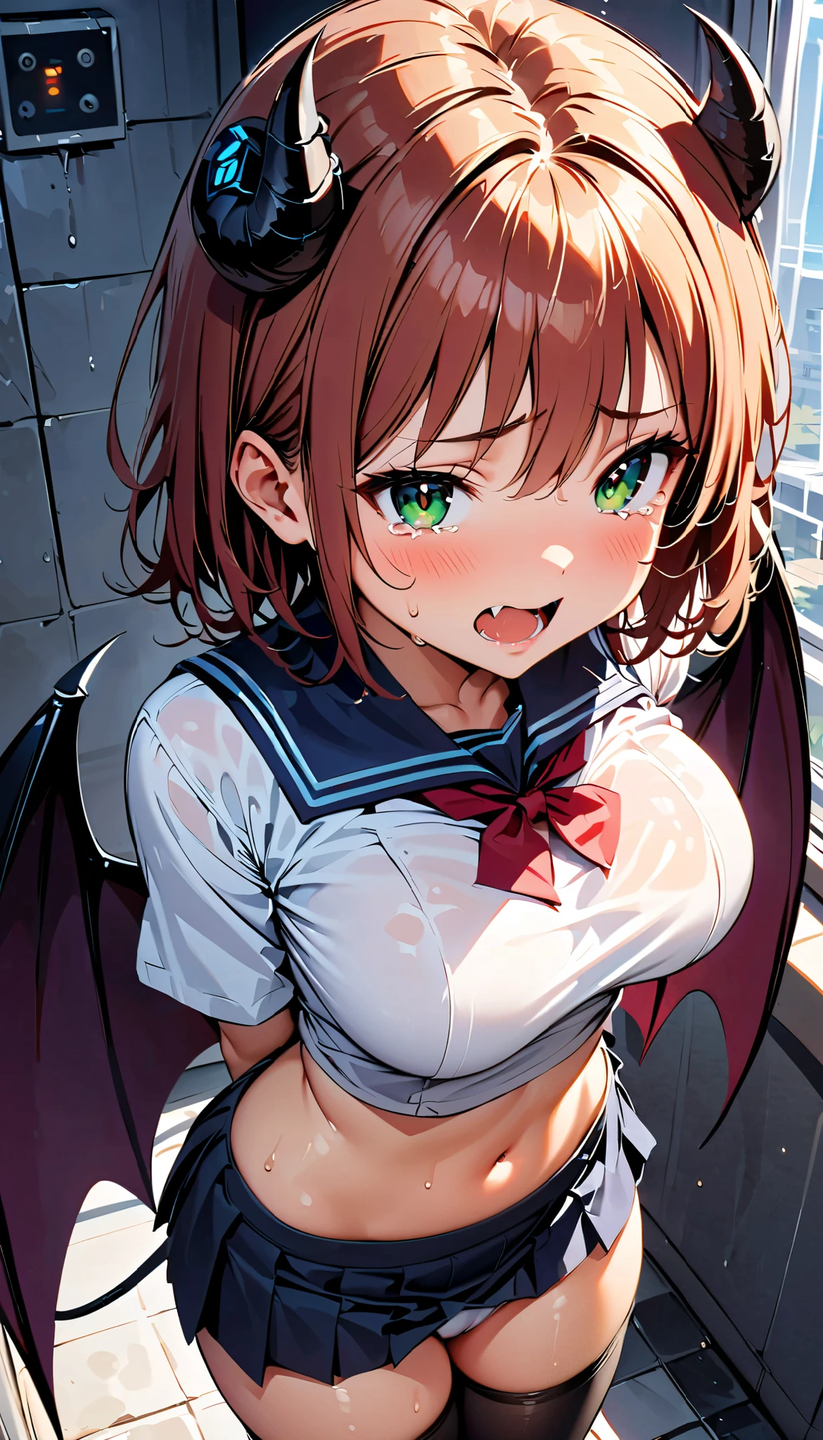 (Slender, yo, large breasts, cameltoe,(tented school uniform)), (midriff, くびれ), (Navy mini skirt), white panties, (1girl, Reica Shimohira, GANTZ), wavy hair, green eyes, short hair, red hair, fang, beautiful detailed eyes, (cute eyes), black thigh highs, (demon horns, demon girl, demon wings, demon tail, demon wings), arms behind back, (Carving Waistline), Shower room, (cowboy shot, from above), Best Quality, Super detailed, masterpiece, Ultra-high resolution, 8k, Embarrassing, blush, Nice, (With tears in my eyes), open mouth, sweat, (from side)