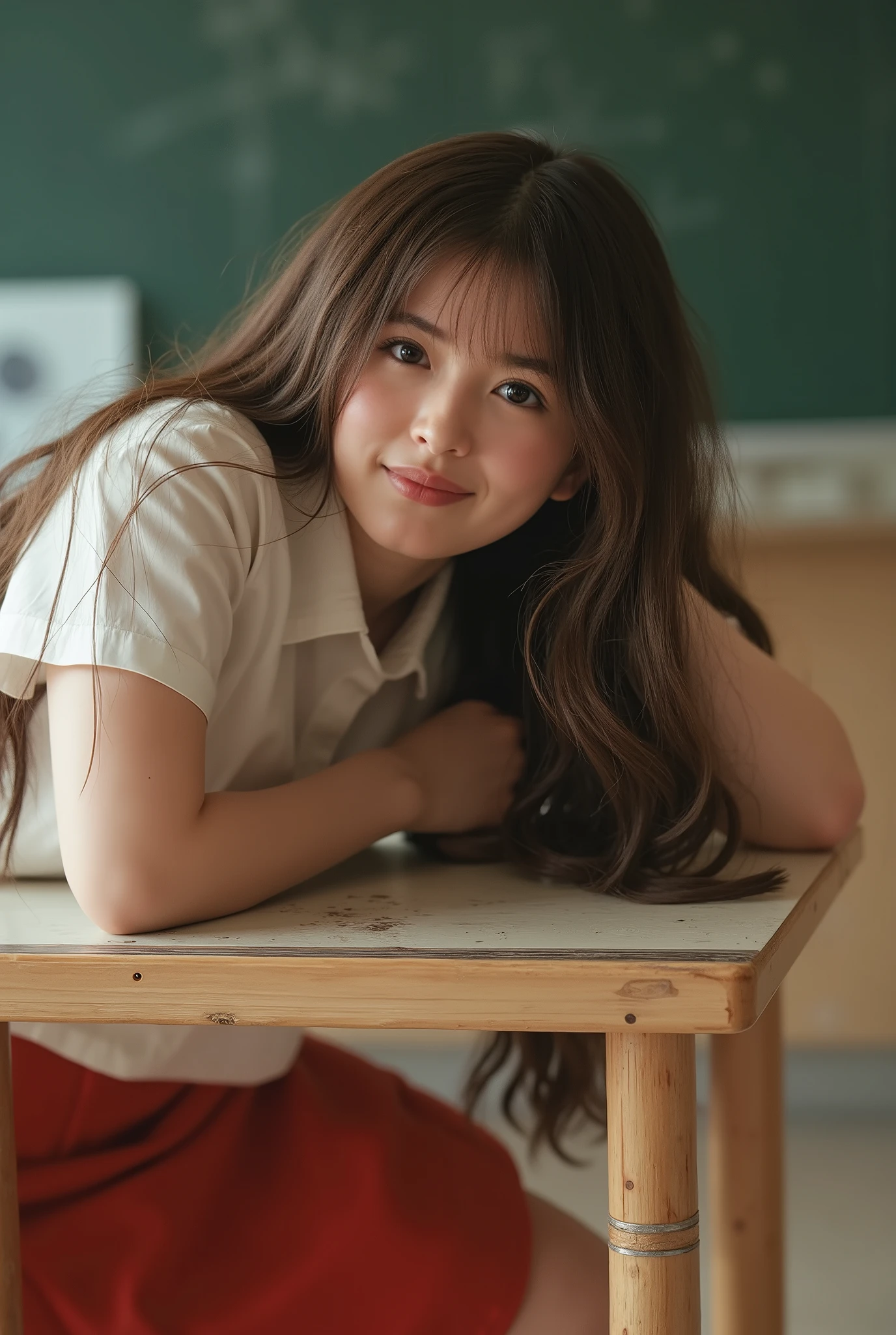 analog, Nikon Z85mm, award-winning glamour photographgraph, ((  Best Quality )), ((Masterpiece:1.5)), (( realistic)), Shining rays,  high resolution,   fine facial features ,  very detailed on trends,  clear focus , smooth , 非常に detailed表示, 極めて detailed体,   her butt is full of semen  ,  octane render, photograph_\(Ultra\), photograph-realistic, Post-processed, ( max details:1.8),  realistic shadows, Roughness, Real Life, Ultra realisic, photograph realism, a photograph of a, 8K UltraHD, a photograph of a,  high resolution,  detailed,  sharp focus), Midea, 非常に detailed衣服, ( Anatomically Accurate :1.4), ( Rosie Huntington =Whitely:1.8), (Alone:1.5), (blue eyes:1.5), (Extremely Precise Eyes :1.5), ( long wavy blond hair :1.5), (Hourglass body shape:1.6), ( Perfect Medium Boobs :1.6), (美しく detailed顔:1.6), ( Well-outlined cheekbones :1.5),  Audience ,  being crucified,  seductive gaze ,  bewitching smile, Passionate look, (Sexy smile:1.5),  close-up portrait ,  slouching forward ,  woman with long wavy dark hair is leaning against a table, There's a blackboard in the background , inside the classroom, Black Haired Goddess, Sexy schoolgirl bowing her head to the table cosplay, ( wearing a tight white blouse:1.6),   Deep Cleavage,  red miniskirt,  Beautiful female hands ,  detailed手, ( Anatomically Accurate  hands and fingers:1.8), Warm lighting,   cozy atmosphere  .
