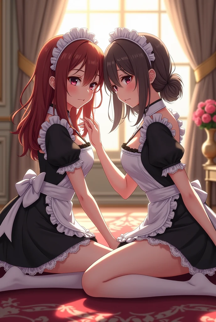 (masterpiece, Best quality, 8 K, Sharp Focus, depth of field, BEST SHADOWS, Perfect light, HDR, realistic skin texture, Ultra detailed Background, detail), anime style, harem. 2 girls. Maids. Pregnant long hair. beautiful eyes, Perfect eyes, expressive eyes, beautiful nose, perfect facial features, Ideal anatomical body. beautiful long legs. Maids uniform. medium breast, beautiful breasts. Girls cant stand straight. knees together, feet apart. They want to pee, they need to pee. They have a strong, desperate to pee They keep their hands on the crotch. They squeeze their crotches tightly. They rub their crotches. . They pee for themselves. They pee in panties. They piss on the floor. 2 girls peed while standing. Redness, Embarrassment. Offensively, There are tears in my eyes. Theyre crying. full length, in the whole body. Hall of the mansion.