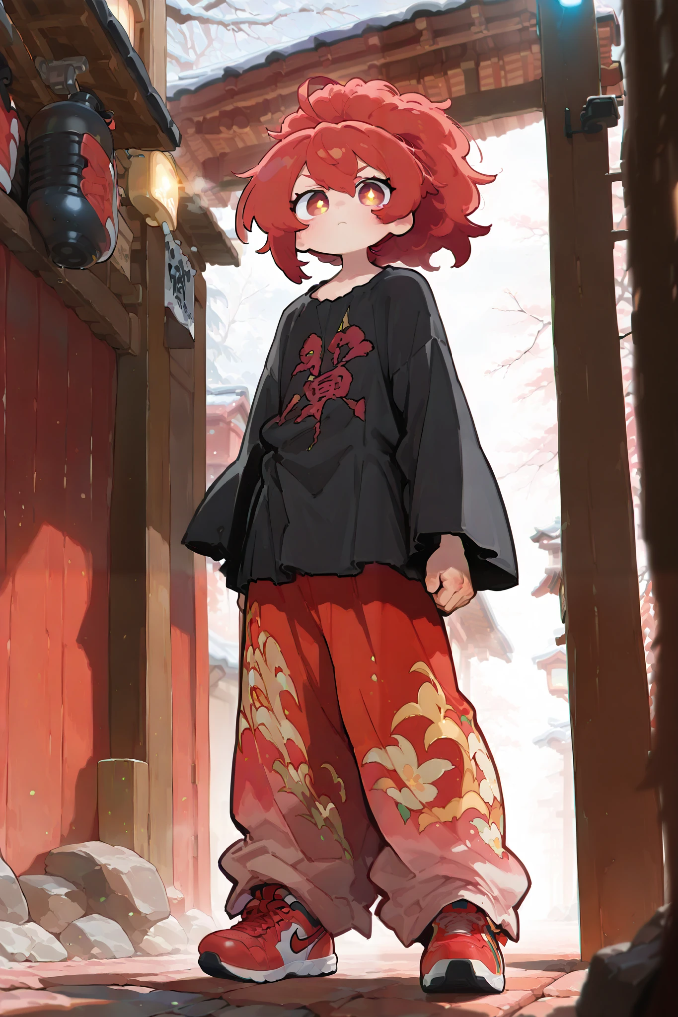 (Rulax: man, short wild messy red hair), standing looking at the viewer, ( red oversized yukata, black shirt, oversized pants, red sneakers), ((1man, solo)), (Best quality,Exquisite facial features,Warming lighting,UHD)