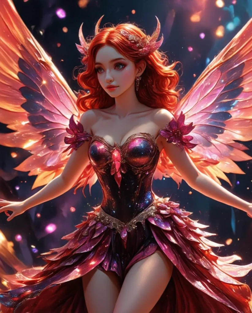 (Best Quality,Ultra-detailed,Realistic:1.37)、Rose Fairy、An 18-year-old woman、Anthropomorphism of roses、(Sharp eyes:1.5)、Bewitching look、red hairs、Fairy with wings、(Flashy clothes with red rose motif、Emphasis on the characteristics of roses)、rose garden、Full body