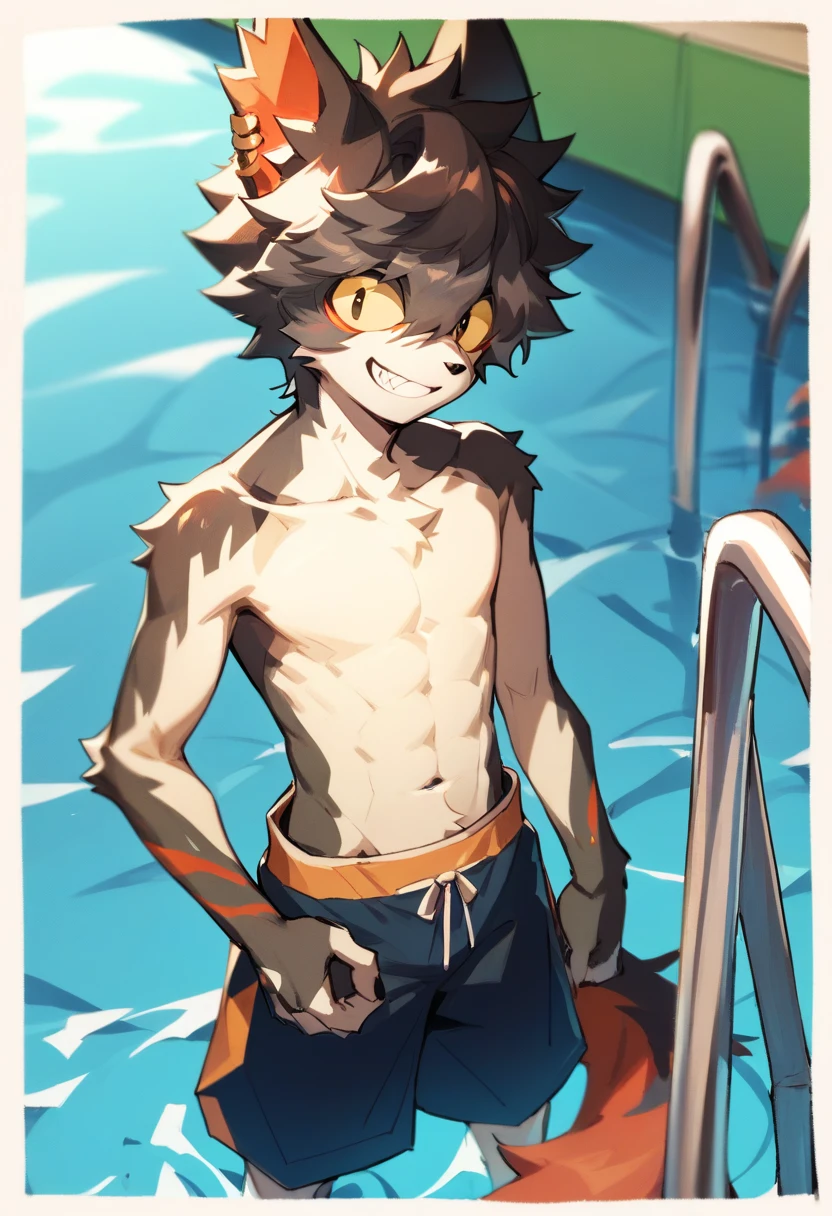 Aak, h341ing_h4nd  , evi1 _h34rt,  furry, Animal ears,  yellow sclera, male,  unique ，Japanese 2D manga style，Anime style，Topless，Standing by the pool， wearing swimming trunks， young man with sharp face，Smile，cute