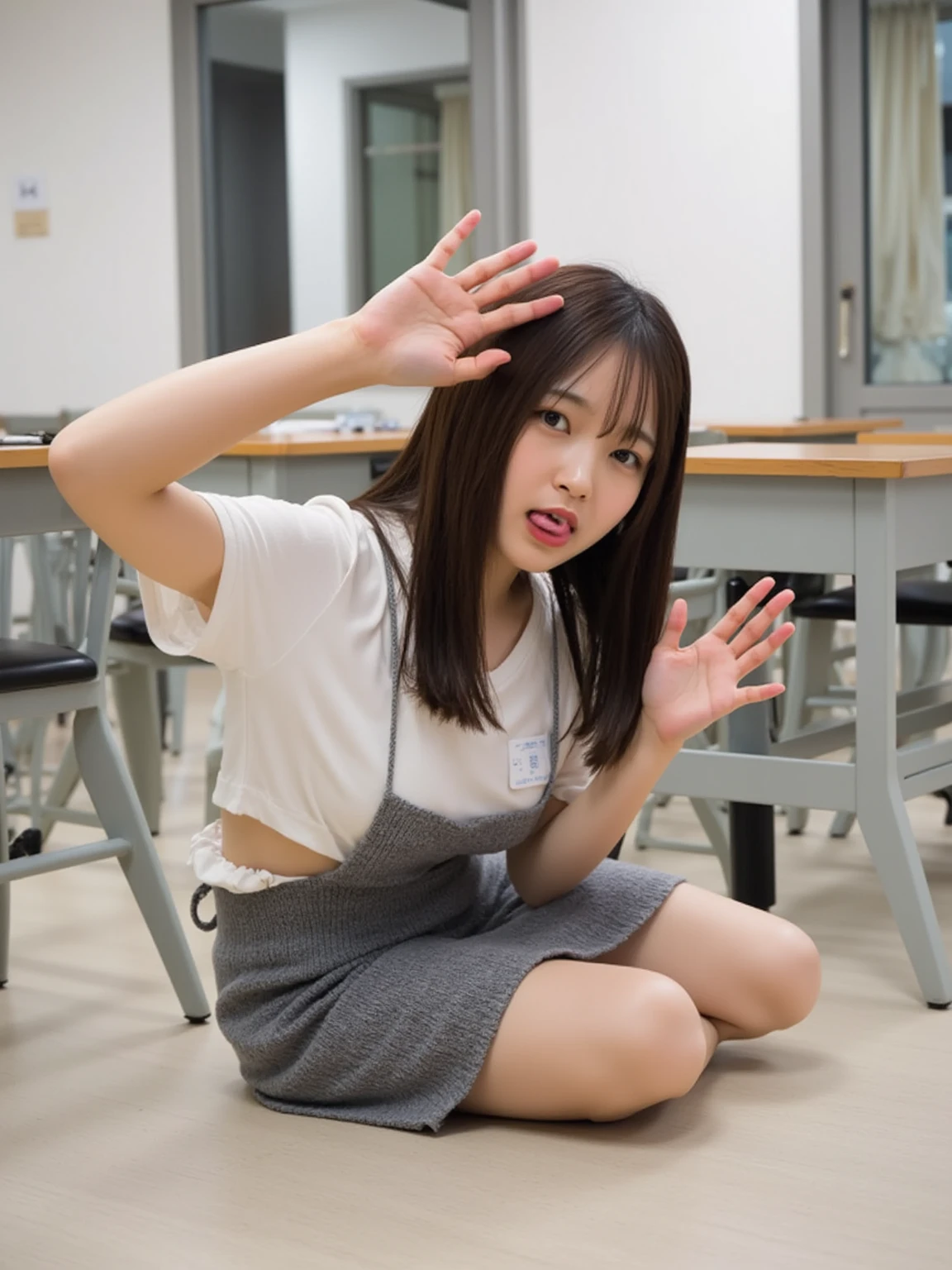 highest quality、4k、8k、High Resolution、masterpiece: 1.2、 Super detailed、Real、Photorealistic、Photorealistic: 1.37、(A beautiful 15-year-old woman is wearing a Japanese junior high school uniform:1.2)、(Beautiful delicate eyes with long eyelashes、Beautiful delicate lips、Her face is very detailed and clear、A beautiful face with a big nose)、(She is squatting with her legs spread wide.:1.55)、(Shoot from below, focusing on the crotch area between the legs)、(She lifts the hem of her skirt to reveal her panties)、(With an expression that has reached sexual climax:1.4)、(Expressions of embarrassment and excitement:1.43)、(This is a classroom)、Impressive landscapes depicted、Exquisitely drawn characters、Crisp, detailed textures、professional writing、Vibrant colors、Warm and soft colors、Three-dimensional effect expressed by light and shadow、cr1r3
