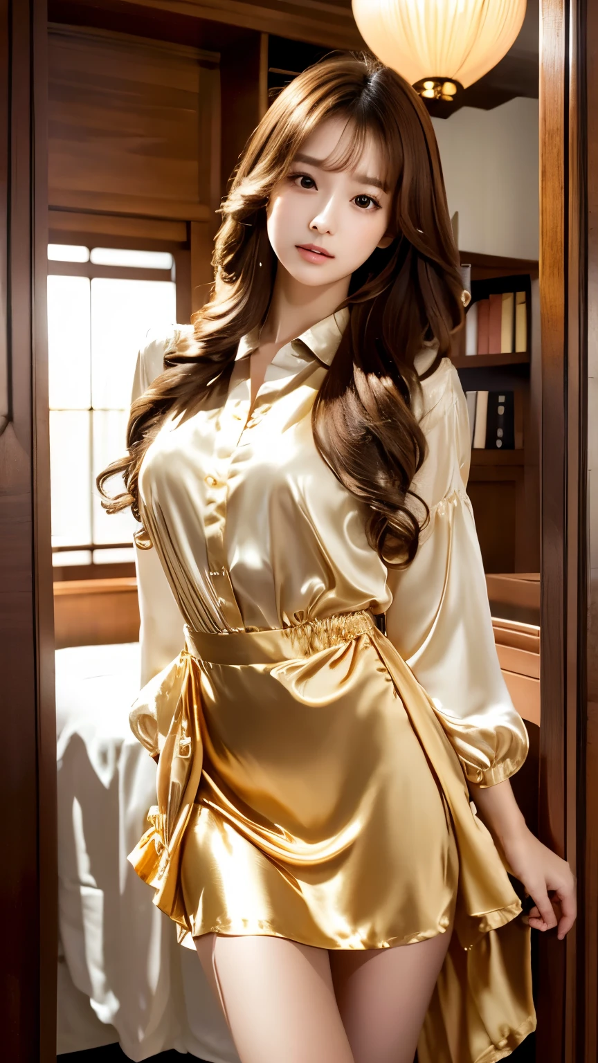 (masterpiece:1.3), high resolution, ultra detailed, extremely detailed CG unity 8k wallpaper, realistic, photo-realistic, RAW photo, beautiful detailed face, pale skin, realistic glistening skin, detailed cloth texture, detailed hair texture, Perfect body, Beautiful Face, accurate, Anatomically correct, Highly detailed face and skin texture, natural neck length, (beautiful hands), (fair skin:1.2), Thin legs, Thin feet, Detailed eyes, symmetric eyes, Light Brown eyes, Double eyelids, Thin eyebrows, (Glossy lips:1.4), ((gently smile:1.2)), (blush:1.1), (A Classy and Cute girl:1.3),fullbody shot、Super long brown hair,Hair with loose waves inside,gold necklace＿Large earrings,((Bewitching beautiful mature elite secretary in luxurious silk blouse:1.3))
,((中くらいの乳:1.5))))((standing gracefully:1.5))((sitting on a chair, night view terrace background:1.3)),