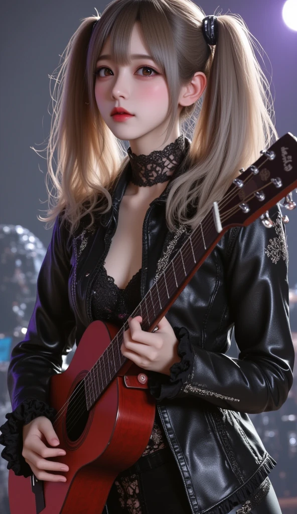Illustration of blonde, sensual woman with black and red verste in the rock style, in casino, holding a black guitar, near bar table with beer mug --auto --s2