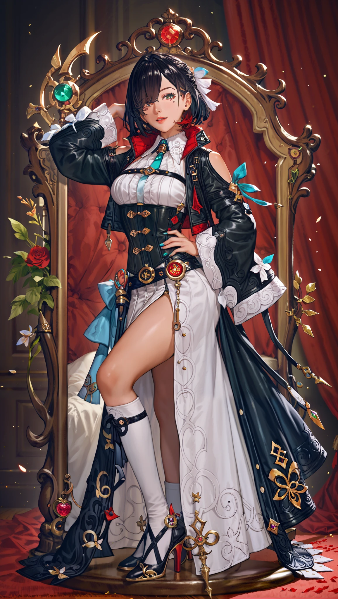 Crazy Clown Emperor,Clown girl colorful, Jester cap,Clown costume, mitts, dark gold hair,Cute,Wavy hair, hair-bun,high-heels。(sitting on golden throne), burst into laughter, (The ground was covered in blood), A pair of scissors dropped on the ground horror,painting-like,Sharp contrast,ominous lighting,(Best quality,4K,8K,A high resolution,Masterpiece:1.2),Ultra-detailed,(Realistic,Photorealistic,photo-realistic:1.37),