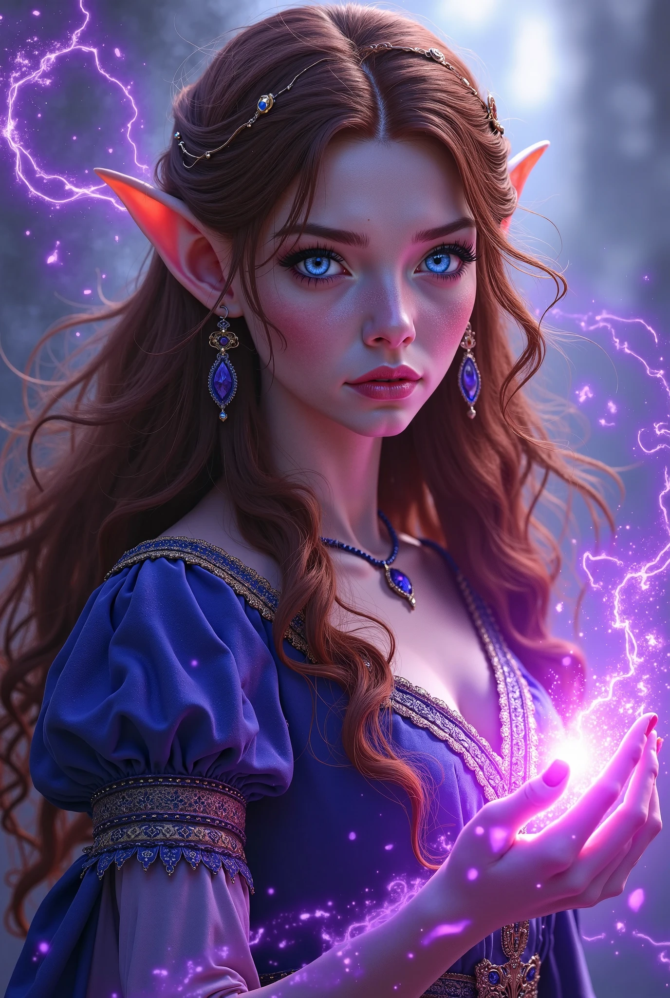 dwarf, female, dnd art, fantasy art, red hair, green eyes, white plate mail armor, dnd art, fantasy art, long purple cloak flowing, holy symbol radiating, casting a spell, fantasy temple background at dawn, floating hair, high ponytail, cloud hair, bow hairband, sparkling eyes, earrings, makeup, shaded, gloom (expression), determined, high detail, Op art, Realism, Genre painting, god rays, reflection light, wide shot, Wide-Angle, sparkle, masterpiece, high quality, high details, best quality, 4K, HD, 4K, super detail