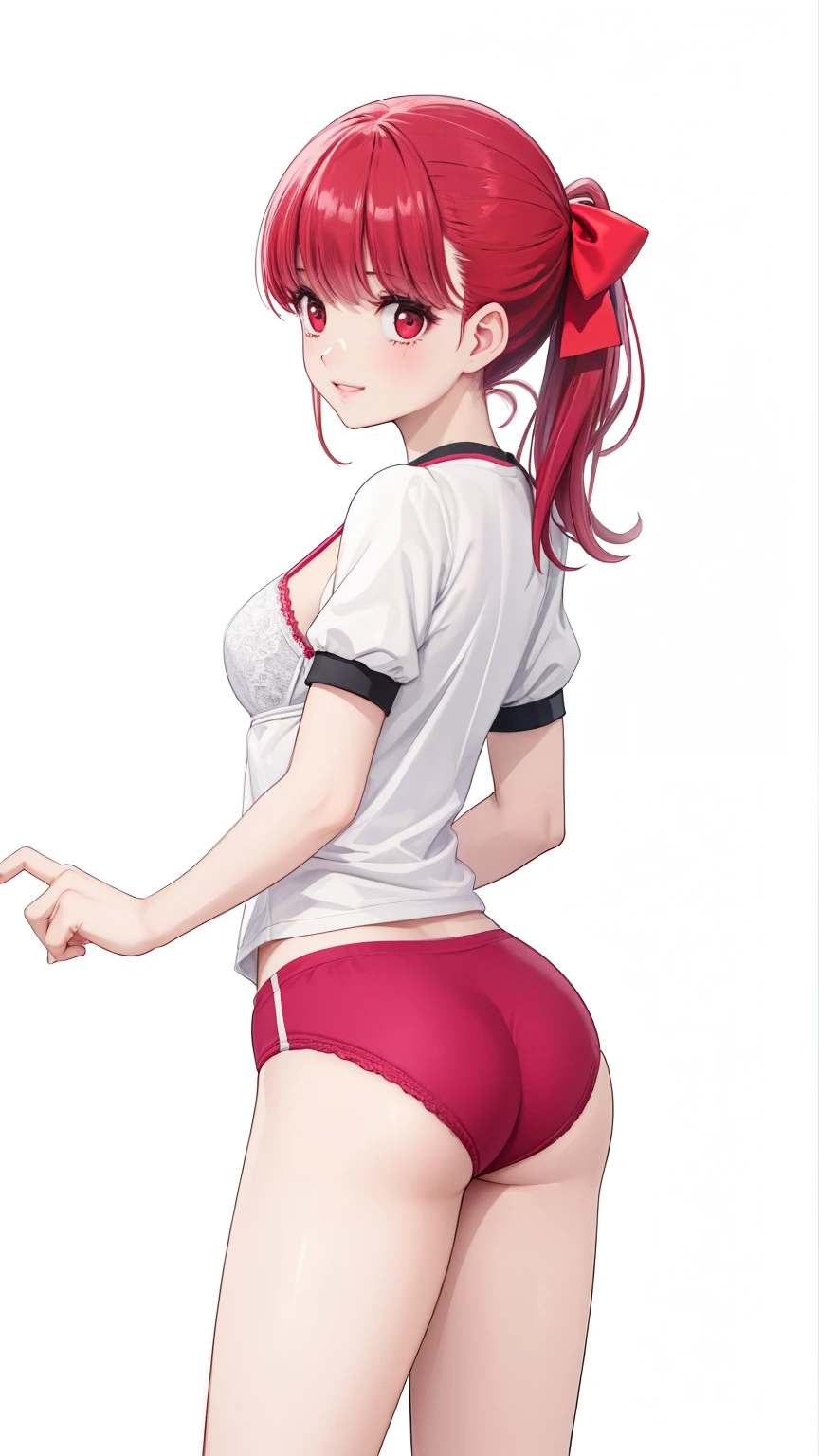 (( gym clothes:1.3)),Red Hair、 medium chest 、 red eyes、bangs、(slender:1.3)、(Hoar:1.3)、4K、 low ponytail 、 straight ponytail、 short side locks 、(Put your hands out in front of you:1.3)、 surprise、 flip hair、(:1.3)、Ducktail、slicked back hair/ hair combed back / hair flowing back 、twisted bangs、temple、 cinematic lighting、blunt bangs、swept bangs、bangsぱっつん、、 gentle smile, smiley smile ,((( white background:1.4))),20 years old:1.4, viewers:1.2,(parted lips:1.3),((( Beautiful Fingers :1.4))),((,White lace bra:1.3))