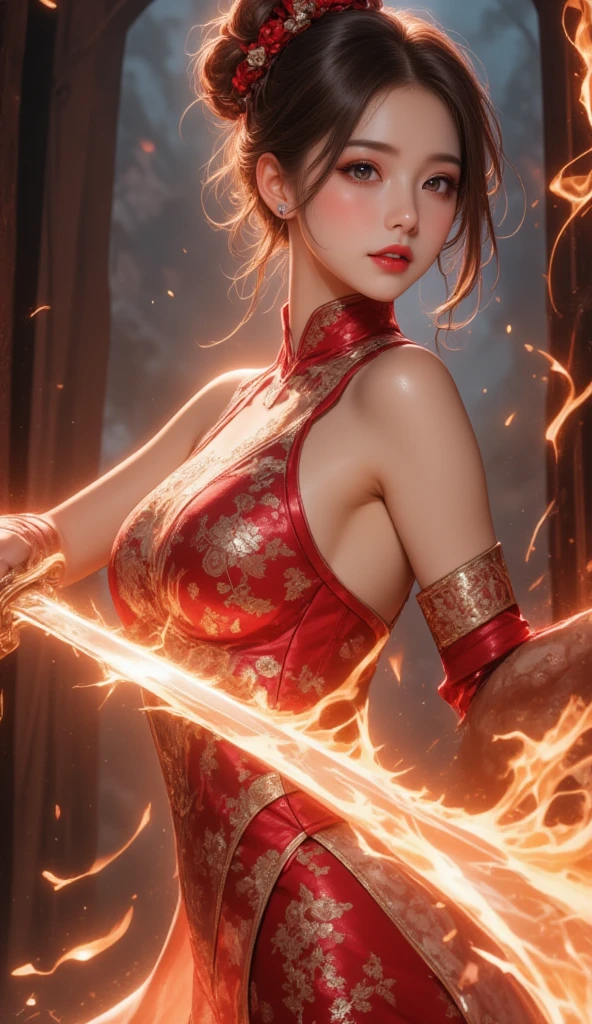 最high quality、high quality、Best image quality、8K、最High resolution、High resolution、最high quality、masterpiece、RAW Photos、whole body写真、Detailed and realistic human body、Detailed and realistic skin、Realistic face in every detail、Detailed and realistic eyes、Detailed and realistic lips、Detailed and realistic teeth、Detailed and realistic ears、Detailed and realistic hair、Realistic reproduction of every detail、((Beautiful Hands(thumb1、reference4))、Realistic feet down to the last detail、((Beautiful Japanese Girl))、(Japanese Model)、 Beautiful girl of years old))、(Black Hair)、(Random Hairstyles)、((whole body))、((Slim and perfect figure))、(Beautiful firm breasts)、(whole body光沢肌、Fair skin)、temple、アテネtemple、ギリシャtemple、((Mysterious fabric wrapped in flames(A dress made of fire))、((Flames that wrap around the body))、((The fiery dress clearly shows her body lines.))