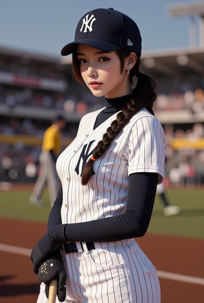 (((best quality))),(((ultra detailed))),(((masterpiece))),illustration,((A beautiful female baseball player stands confidently on the field)),((slim,thin)),((small breasts,flat chest)), her team's colors adorning her uniform,(baseball cap:1.2),(short ponytail:1.3),She has a determined expression, analyzing the trajectory of the ball. The crowd in the stadium cheers, creating an electric atmosphere. The player's posture is commanding, and her feet are firmly planted on the ground. Her dedication and passion for the game are evident in her every move.(((emotional))),(((athletic))),(((vibrant energy))),(((stadium lights))),(((summer night))),female athlete,((from front,upper body))