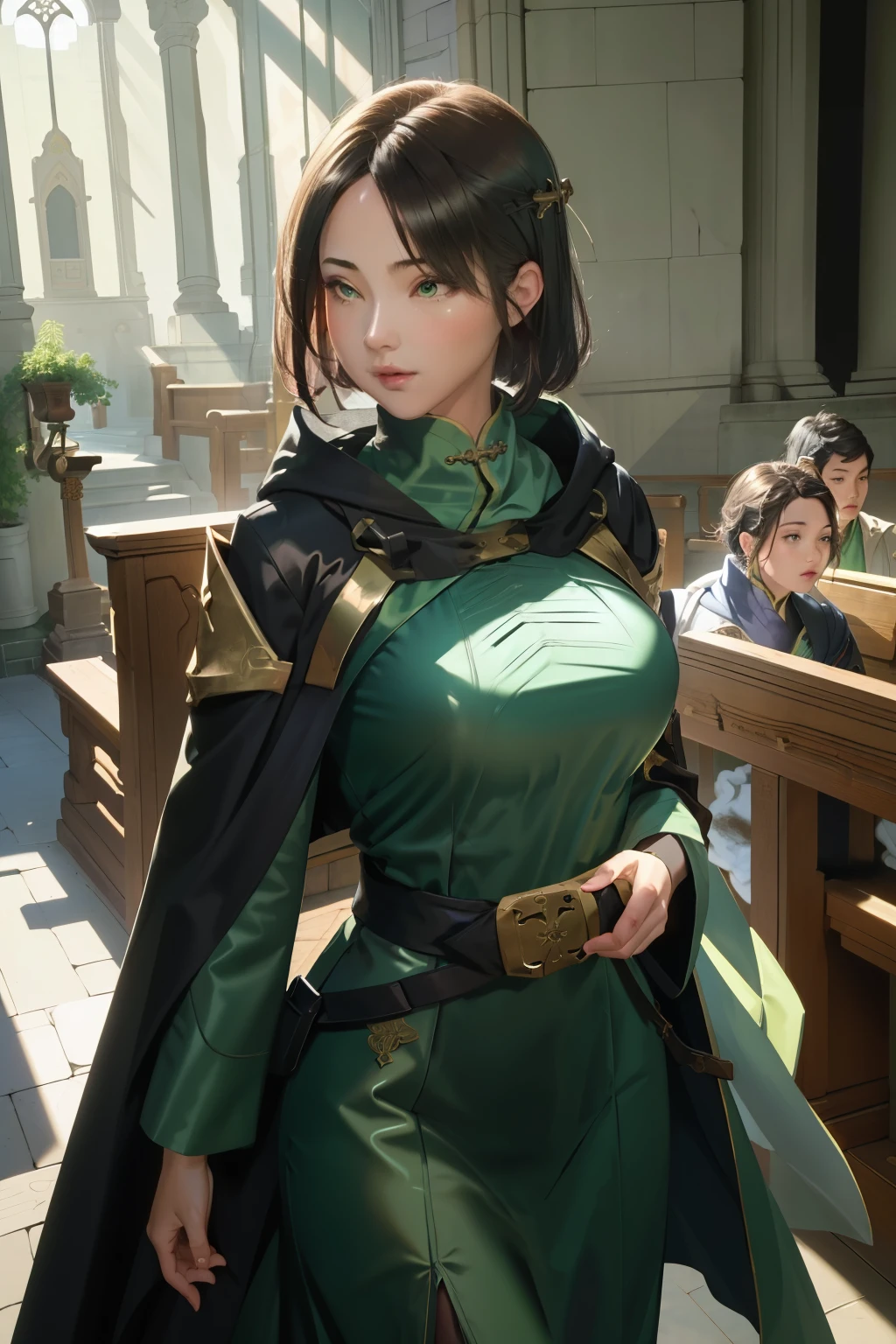 (masutepiece, Best Quality), Intricate details,
1girl in, VIPER \(pricing\), Green eyes, Brave Viper
Dark Priest, White robe, cloaks, hoods, Cross,
Tearing down the church, Indoors, temple, Chinese qipao dress, big boobs
