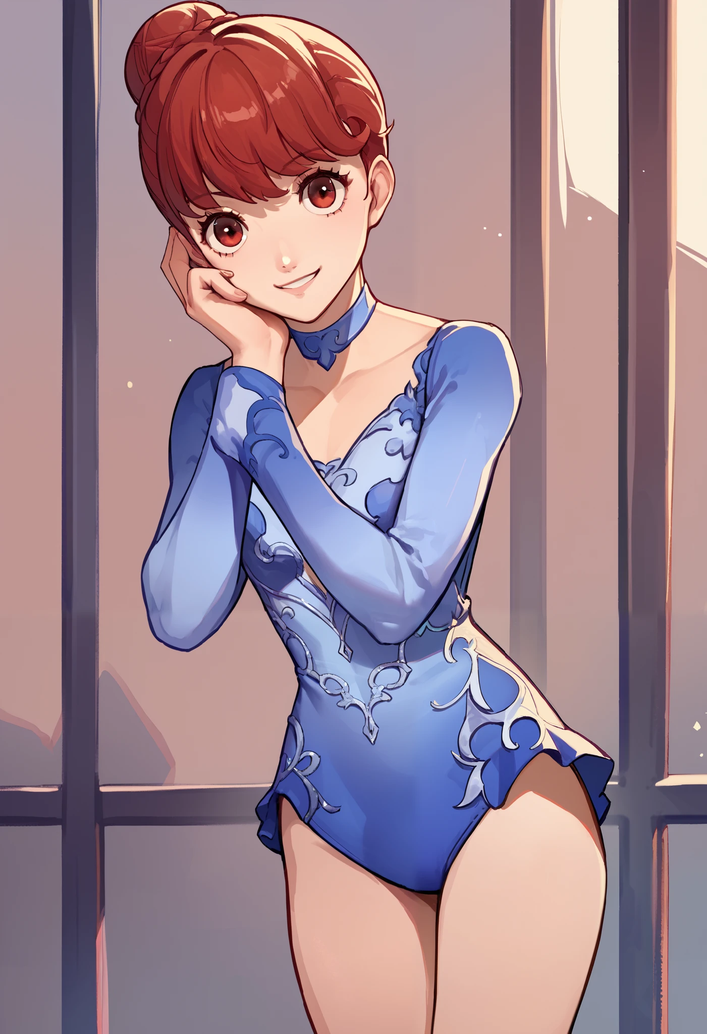 score_9, score_8_up, score_7_up, source_anime, BREAK 1girl, cowboy shot, looking at you, smile, hand on own cheek, leoSumi, short hair, single hair bun, blue leotard, blue choker, long sleeves, short dress, flats