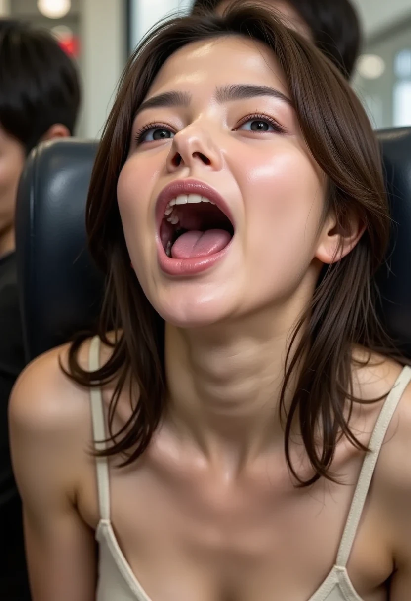 Image of a woman,、Face close-up、Smooth Skin、masterpiece、Highest quality、8K Photo、((close your eyes and open your mouth slightly))、close your eyes、Suffering face、woman, 、girl、movie theatre、Dimly lit movie theater auditorium、Dark lecture hall((Glossy skin with ultra-realistic details,pores))((profile、movie theatre,Sitting in the audience,Sit next to the viewer,Dark Hall、Dark Background)),((Very intense orgasm,Frowning,Glossy skin with ultra-realistic details))((Senior male spectator))tongue out, tongue, Saliva trace,, ahegao, long tongue,((Super wet skin))
