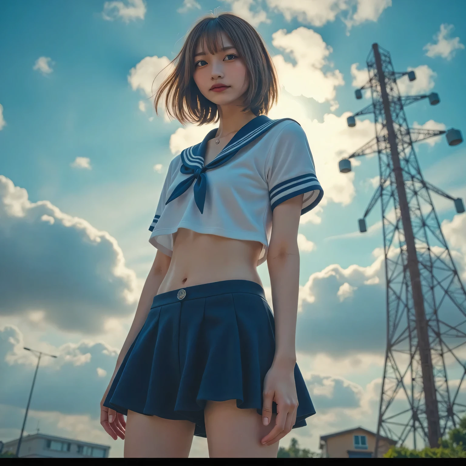 Side View, from side:1.8, ( best quality :1.4), 32k high resolution UHD , (Masterpiece:1.2), Highly detailed live action, ( realistic, 超 realistic:1.4), A very beautiful Japanese woman in uniform , Beautiful Japanese woman , Famous beautiful Japanese idols , perfect composition of drapes , proper placement , Golden Ratio, Dusk of the Rain , Faint Light Shining Through a Gap in the Clouds , anatomically accurate proportions :1.331, have small heads :1.331, slender body:1.331, thin waist:1.331, thin limbs:1.331, flat chest:1.331, cover the chest with your hands :1.21, Japanese High School Sailor Suit :1.21, Short sleeve clothing, white short sleeve sailor suit :1.21, will be Fuku:1.21, navy miniskirt, I can see her belly button , tea hair, Bob Cut Hair :1.21, symmetrical eyes, Very Beautiful Clear Eyes , beautiful hair fluttering in the wind ,