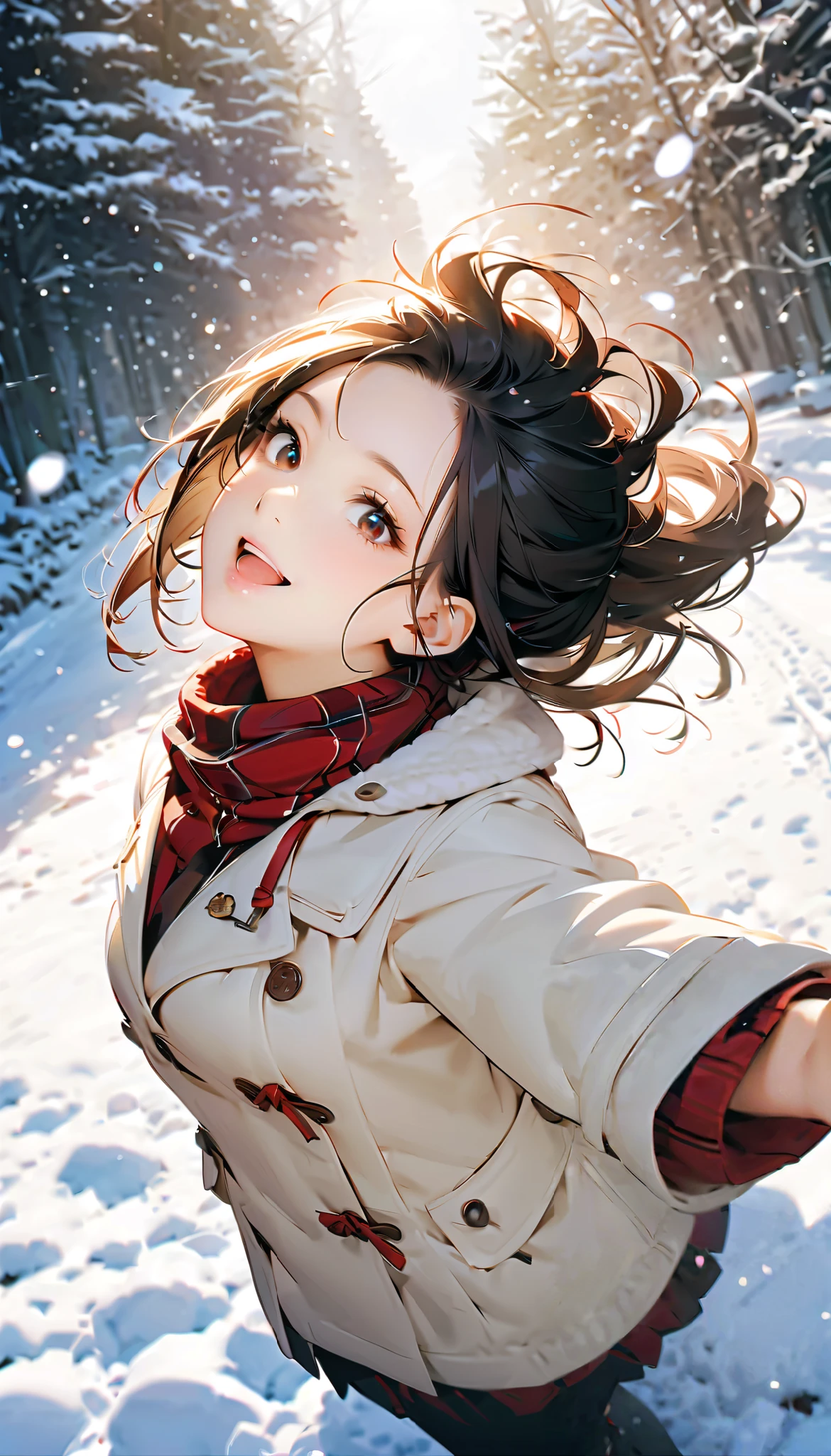 ( best quality :1.2, very detailed, Latest, lively, best quality , Aesthetics at its best) , Face Up Shot, ((( very detailed目と顔))), Official Art, 8k Ultra HD, very detailed, Delicate and dynamic, blurred background , Outdoors, daytime, Hiku Snow Scenery , there's snow on the ground, it's snowing, Falling Snow, winter, White World, is dazzling, one woman, 2.5D, smile, black eyes, black hair, young, Fluffy winter clothes, Get excited, dynamic pose, dynamic angle, Realistic, her breath is white