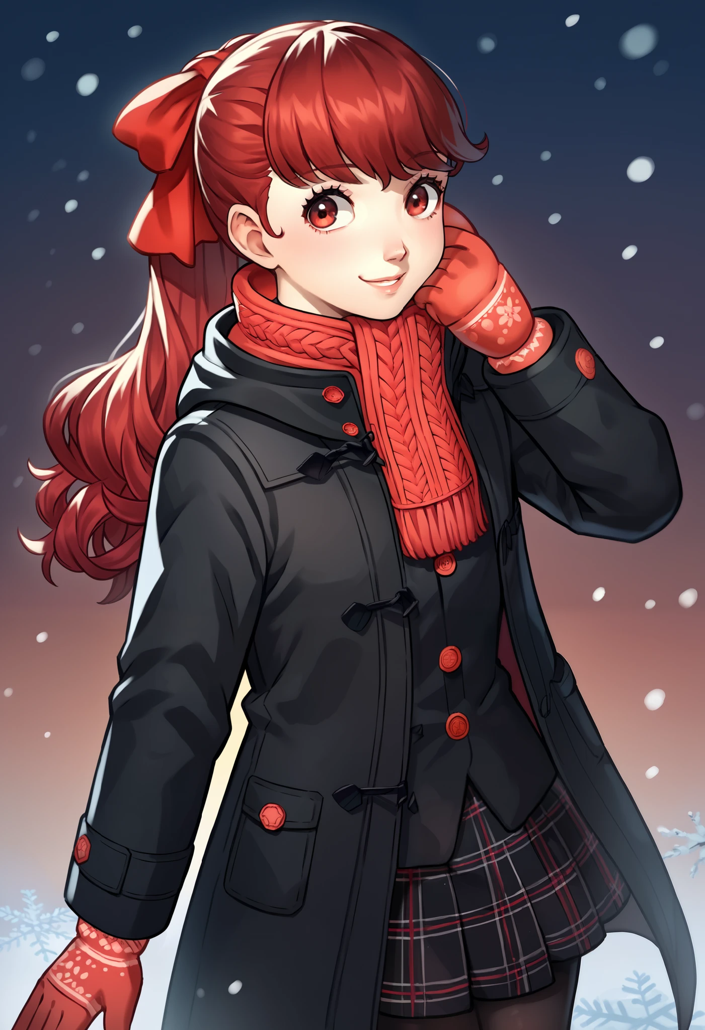 score_9, score_8_up, score_7_up, source_anime, BREAK 1girl, cowboy shot, looking at you, smile, hand on own cheek, janSumi, long hair, ponytail, red hair bow, winter clothes, black coat, red scarf, long sleeves, mittens, open coat, plaid skirt, black pantyhose, red loafers