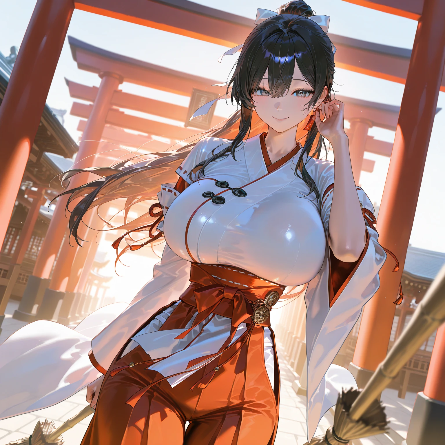 best quality, masterpiece, Extremely detailed CG, Extremely detailed 8k wallpaper, permanent, HDR ,1 Girl, Solitary, outdoor, Japanese Shrines, Shrine maiden, Solitary, long hair, Black Hair, Straight Hair, The bangs covering the eyes are slightly red, Intricate details, Ultra Detailed, beautiful fingers, Beautiful nose, Beautiful character design, Perfect face, For the audience, Huge breasts, Slim waist, Put your arms at your sides, White skin, Hair covering eyes, golden brown eyes,tall,Bottom-up perspective