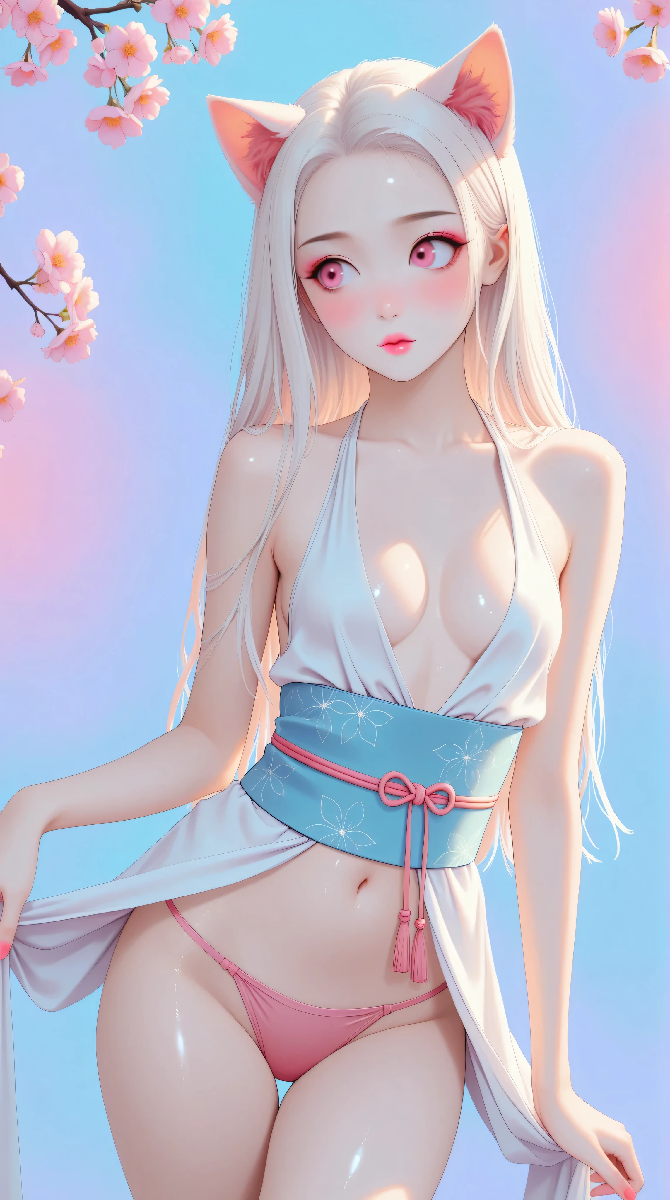 nezuko, catgirl geisha, pink lipstick, pale skin, (white hair), (pink eyes), small breasts, cleavage, monochromatic pink palette, pink panties, solid white background, white neon glow, shiny skin, (eyes looking off to side), Highly detailed, Amazing work,Vitreous luster, blues, purples, pinks, Best quality at best,shiny skin, no background, colorful background, blue background, pink background, purple background, plunging neckline, sexy pose, dynamic pose, heavy blushing, small breasts,