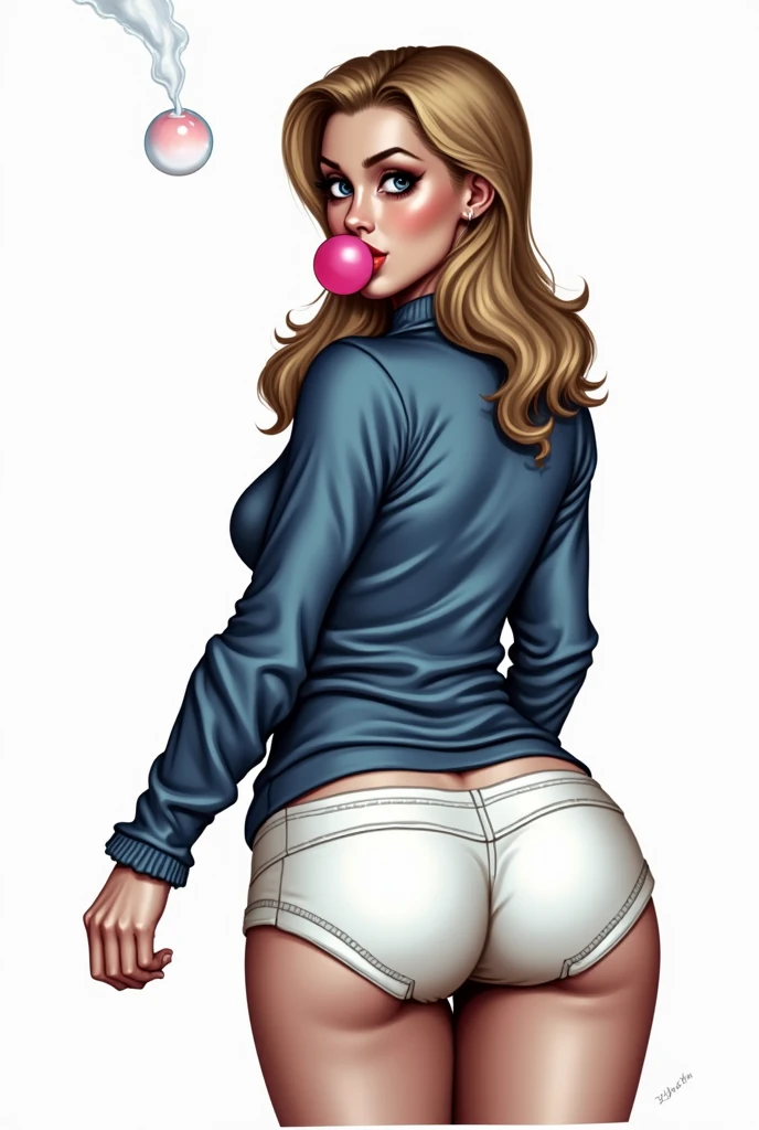 Blonde woman in blue sweater and white cotton panties, blowing bubble gum, anime art style, intricate details