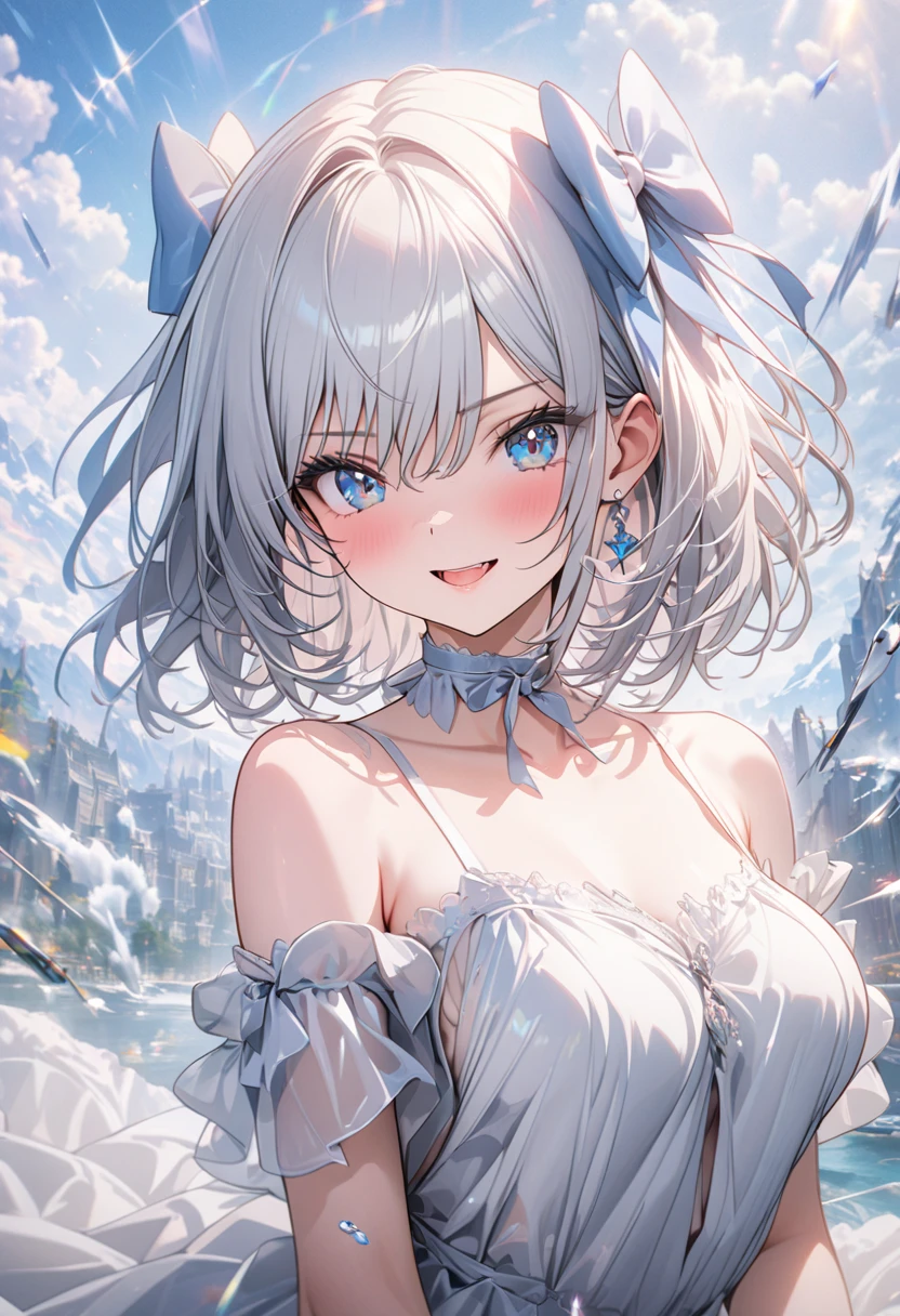 (Best quality,4K,8K,High resolution,Masterpiece:1.2),Super detailed,(Actual, Realistic),
break,
((Beautiful clear blue eyes:1.2)),very kind eyes,eyes wide open,beautiful eyelashes,beautiful lower eyelashes,
break,
((Beautiful and shiny silver hair:1.3)),A dazzling smile, a bursting smile, an open mouth laugh,
break,
white sand beach