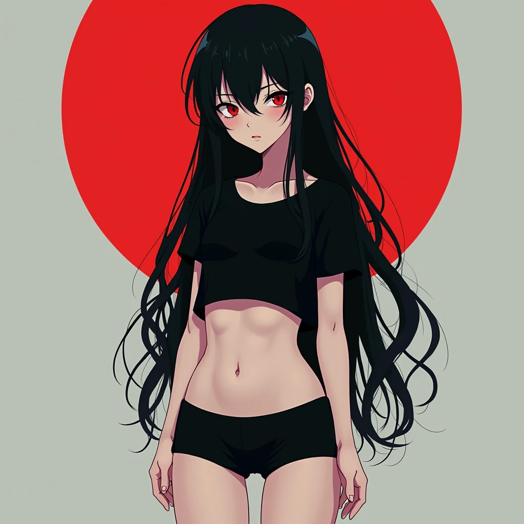 Artwork, 1 Girl, Enma Ai, back, tight black shorts, big ass, big thighs, long black hair, red eyes, glowing skin, Enma Ai looking at camera
