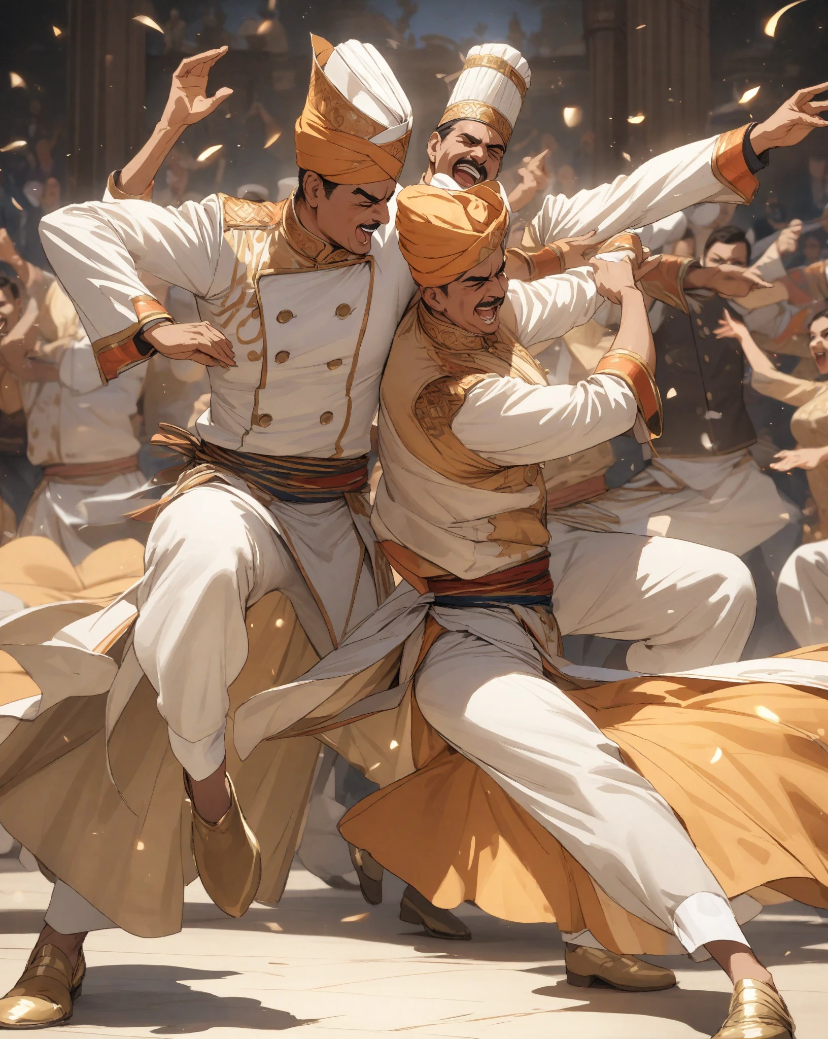 Skep 'n beeld waarin daar 'n groot tuin is en daar is twee mans wat baklei wat Rajasthani dhoti kurta en tulband op hul koppe dra.