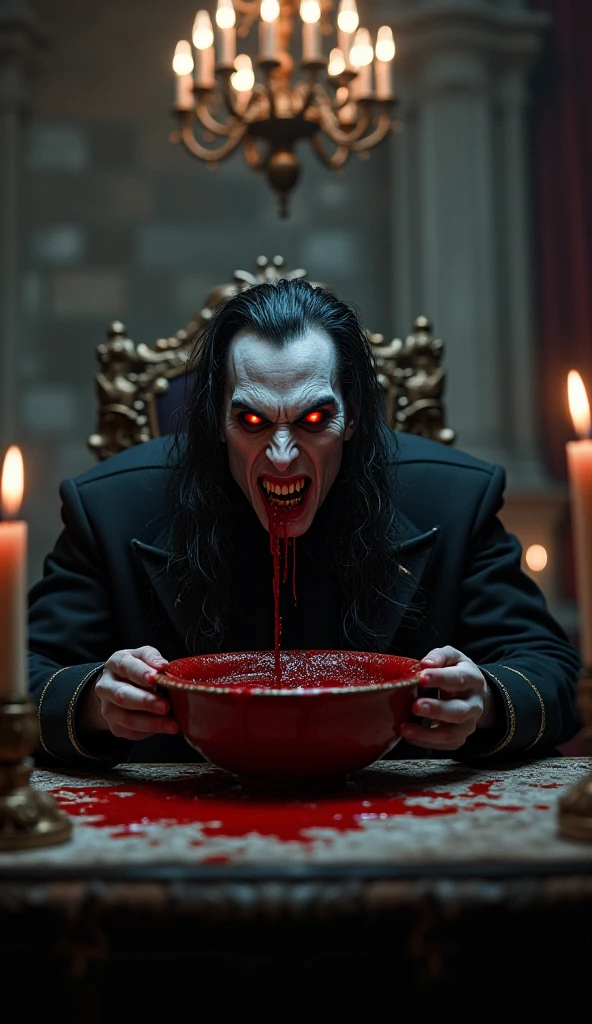 Photorealism realistic dark room table old scary male black appearance long hair holding glass of blood window low light effect blood effect big eyes fang teeth scar on face dramatic effect smoke effect on head satanic poster at wall ugly face