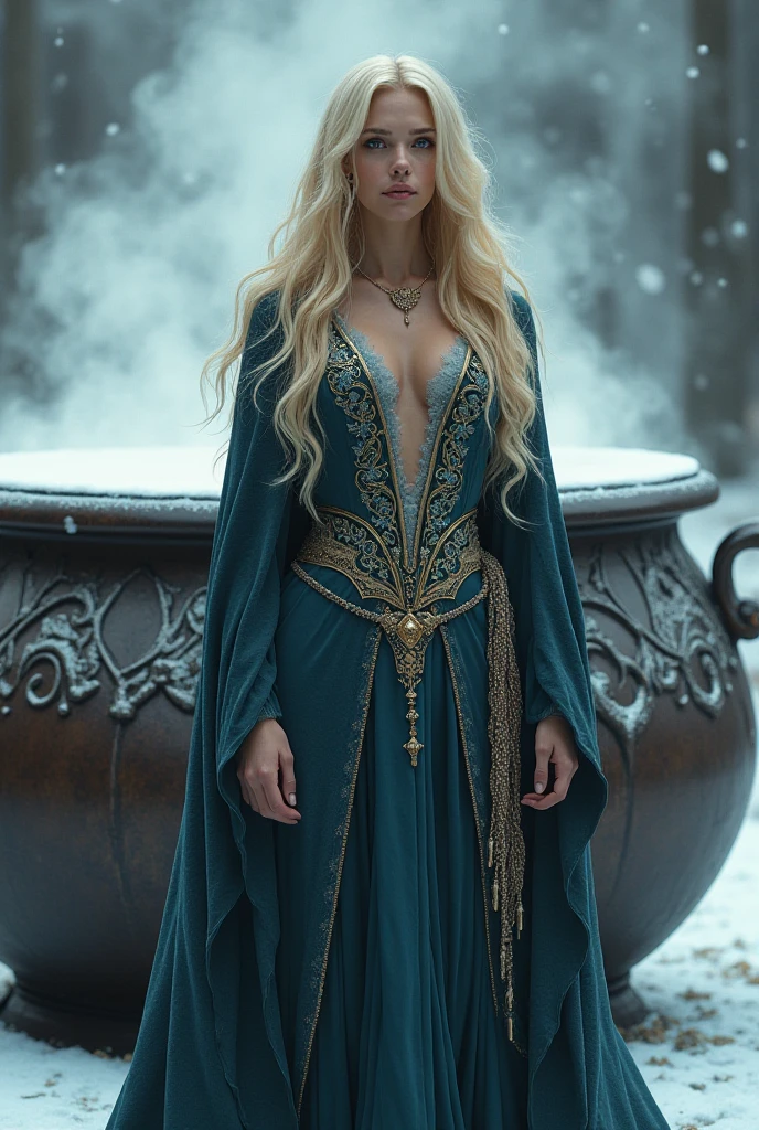 Powerful beautiful long wavy blond winter witch see her full body standing Infront of a cauldron