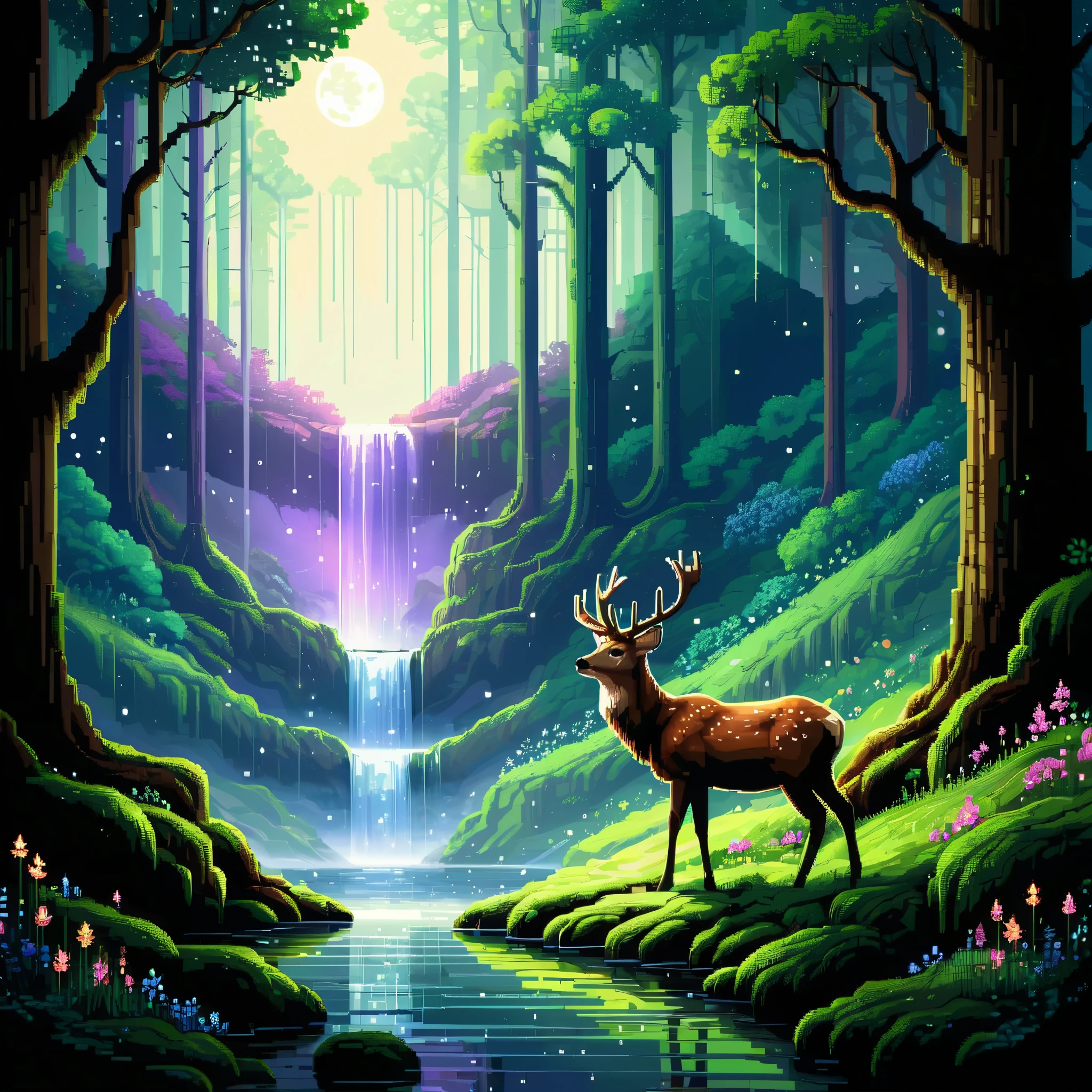 Cute pixel art illustration, masterpiece in maximum 16K resolution, superb quality, imagine an enchanting forest under a starlit sky, where ancient trees stand tall with twisted branches reaching towards the heavens, a majestic translucent deer moves gracefully through the moonlit shadows, soft moss covers the forest floor, dotted with delicate glowing flowers that emit a soft light, a gentle waterfall nearby. | ((More_Detail))