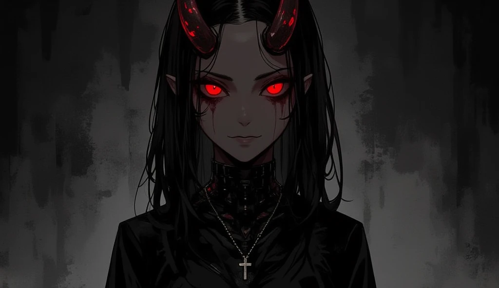 masterpiece, best quality,high quality, newest, highres,absurdres,  <lora:Sinozick_style:1>,Sinozick_illu, 1girl, solo, horns, jewelry, red eyes, mole under eye, mole, choker, looking at viewer, pointy ears, earrings, black hair, necklace, medium hair, cross, upper body, spot color, short hair, black choker, black background, dutch angle, dark_theme,soft lighting