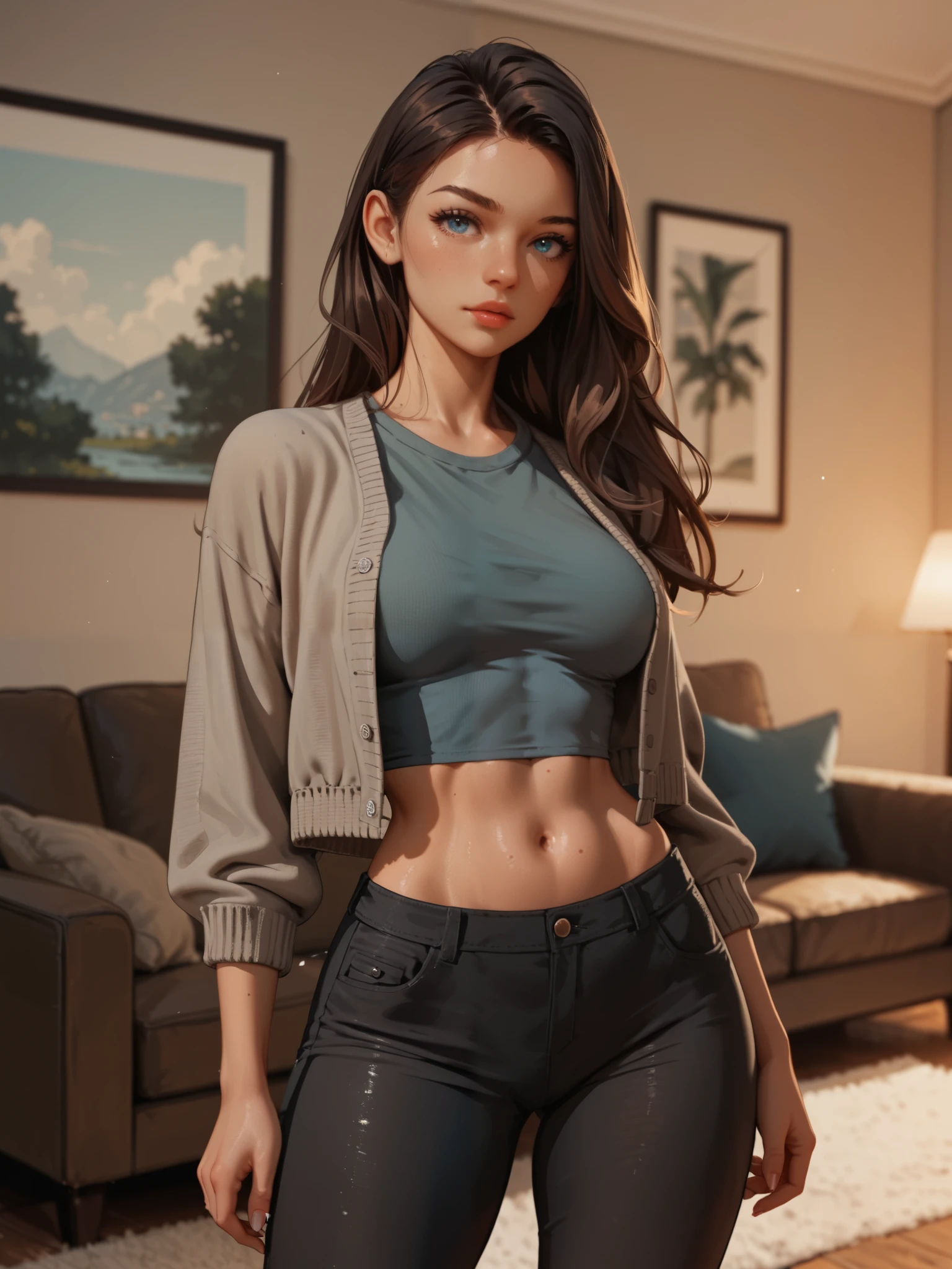 masterpiece, best quality, extreme Detail, anatomically correct , Young woman standing alone in living room , (Sexy Pose), Young woman wearing a gray t-shirt , ( cropped ), wears an open white cardigan , wears tight long black pants , Young woman has medium sized breasts , (40H ), ( wide hips ), Young woman is slim , Young woman looking at observer , facial expression seductive and coquettish, dark brown long hair , Matte green-blue eyes,