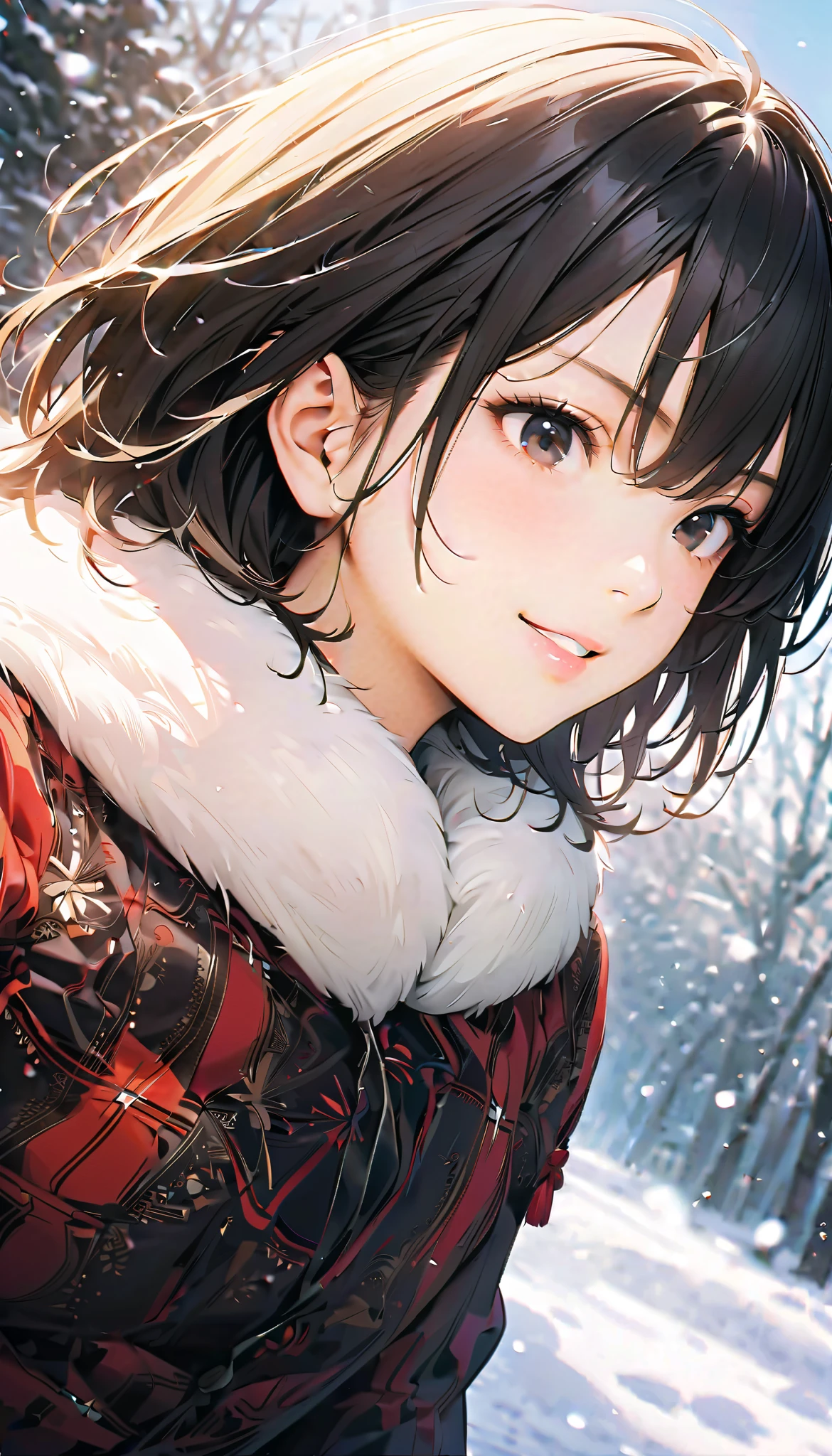 ( best quality :1.2, very detailed, Latest, lively, best quality , Aesthetics at its best) , Face Up Shot, ((( very detailed目と顔))), Official Art, 8k Ultra HD, very detailed, Delicate and dynamic, blurred background , Outdoors, daytime, Hiku Snow Scenery , there's snow on the ground, it's snowing, Falling Snow, winter, White World, is dazzling, one woman, 2.5D, smile, black eyes, black hair, young, Fluffy winter clothes, Get excited, dynamic pose, dynamic angle, Realistic, her breath is white
