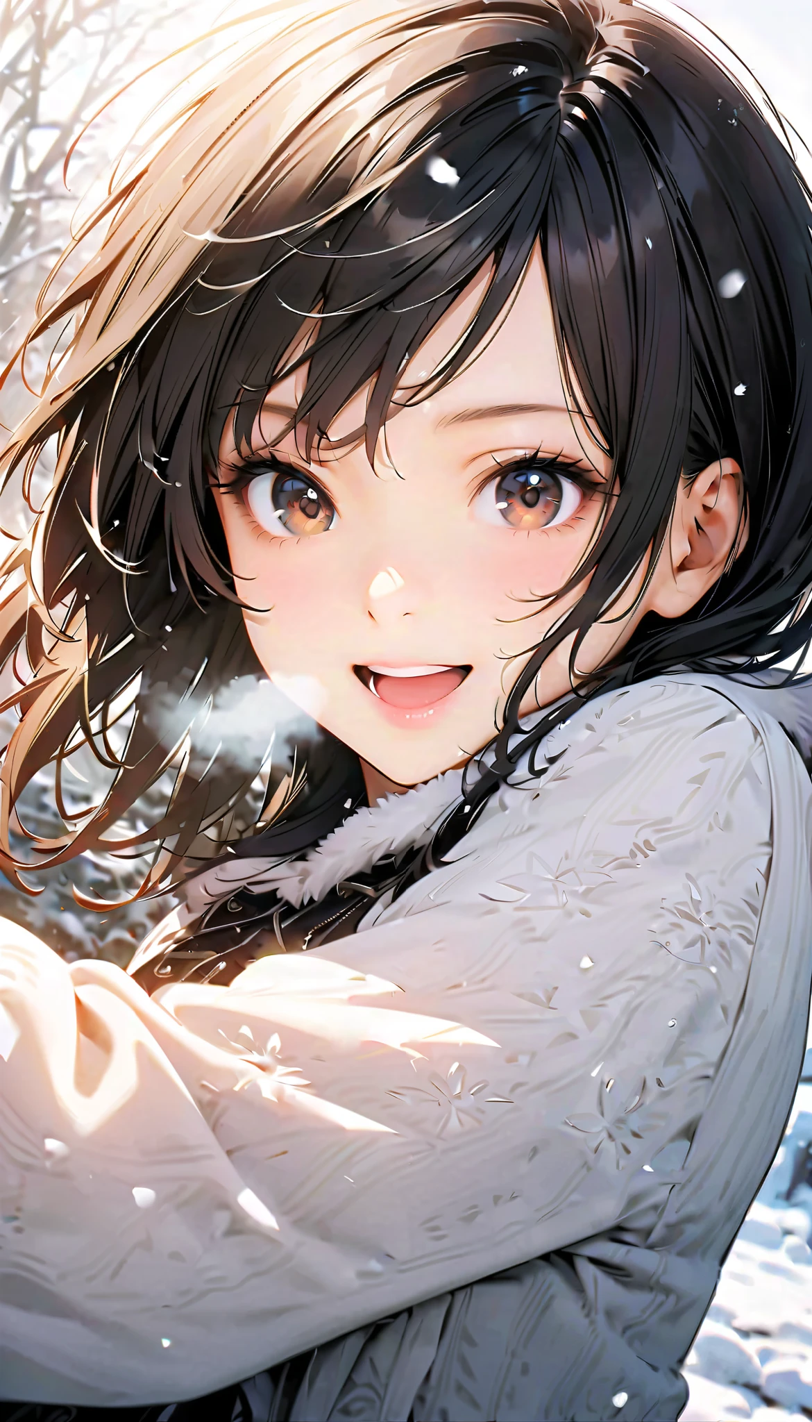 ( best quality :1.2, very detailed, Latest, lively, best quality , Aesthetics at its best) , Face Up Shot, ((( very detailed目と顔))), Official Art, 8k Ultra HD, very detailed, Delicate and dynamic, blurred background , Outdoors, daytime, Hiku Snow Scenery , there's snow on the ground, it's snowing, Falling Snow, winter, White World, is dazzling, one woman, 2.5D, smile, black eyes, black hair, young, Fluffy winter clothes, Get excited, dynamic pose, dynamic angle, Realistic, her breath is white