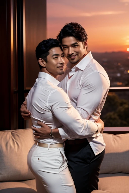 Photoreal、Two men hugging and kissing、30 years old、male、Japanese、very handsome、Topless、Half quilt、loincloth、abs、Pectoral muscle、body hair、open legs、smile、festival、night、summer