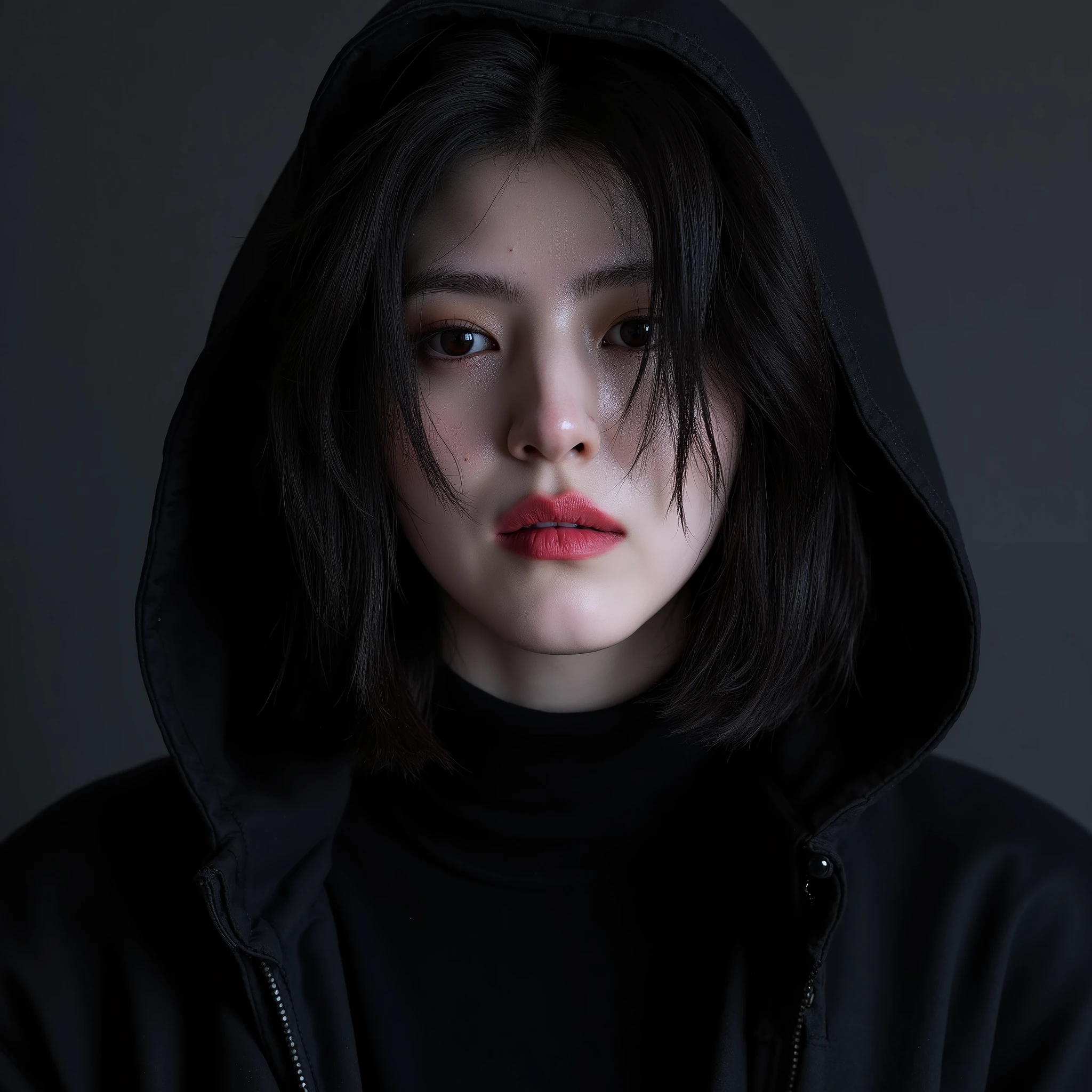 a beautiful korean woman, han sohee, with short untidy black hair up to her shoulders, dressed in black, black hood, cold look, red pupils, red lips, red eyes, large breasts, High resolution, very detailed, Plano general