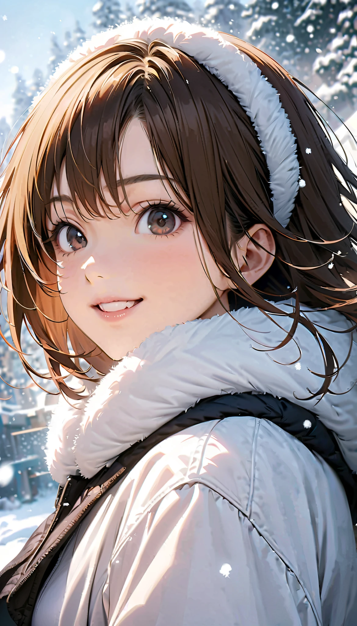 ( best quality :1.2, very detailed, Latest, lively, best quality , Aesthetics at its best) , Face Up Shot, ((( very detailed目と顔))), Official Art, 8k Ultra HD, very detailed, Delicate and dynamic, blurred background , Outdoors, daytime, Hiku Snow Scenery , there's snow on the ground, it's snowing, Falling Snow, winter, White World, is dazzling, one woman, 2.5D, smile, black eyes, black hair, young, Fluffy winter clothes, Get excited, dynamic pose, dynamic angle, Realistic, her breath is white